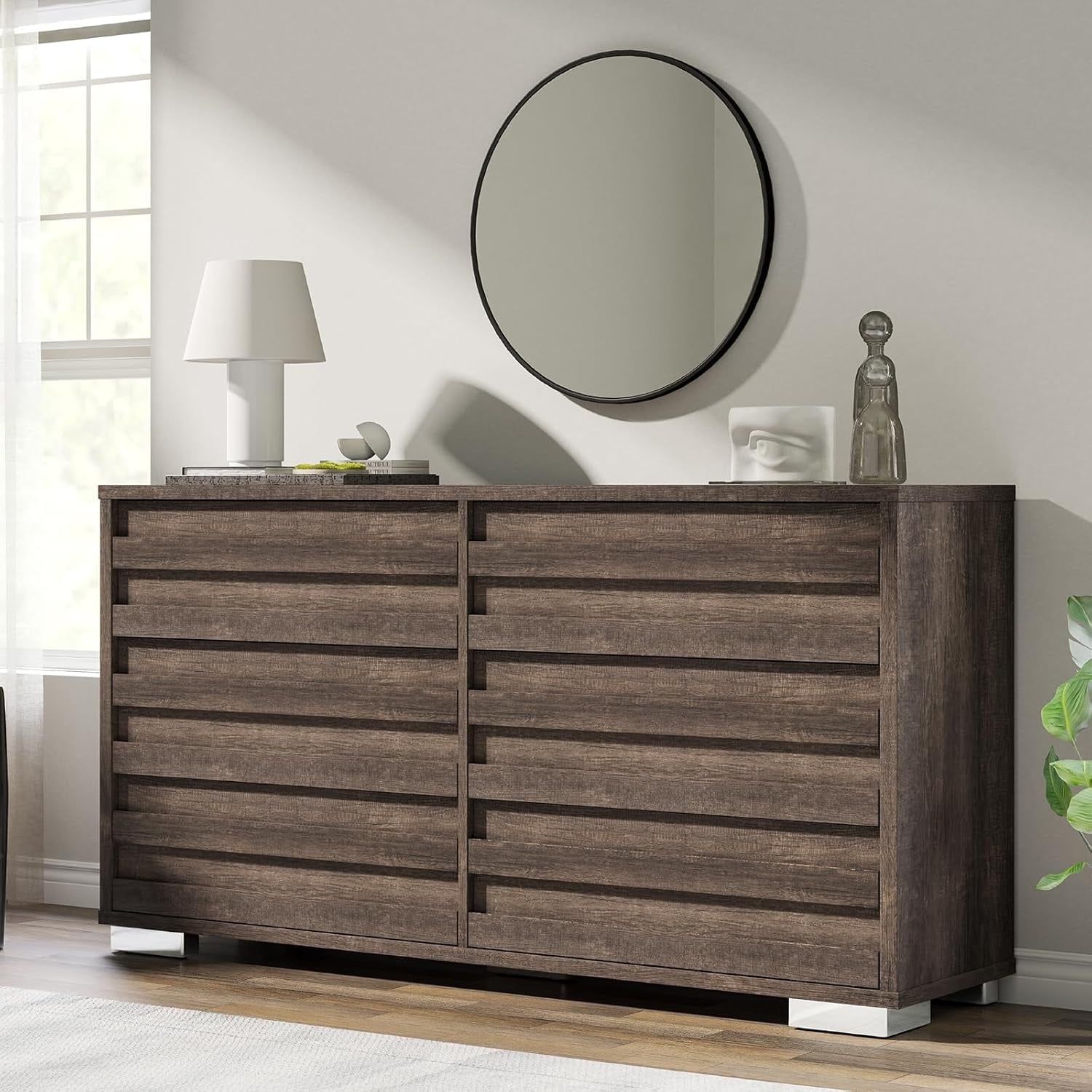 Rustic Gray Farmhouse Double Dresser with Slat Handles