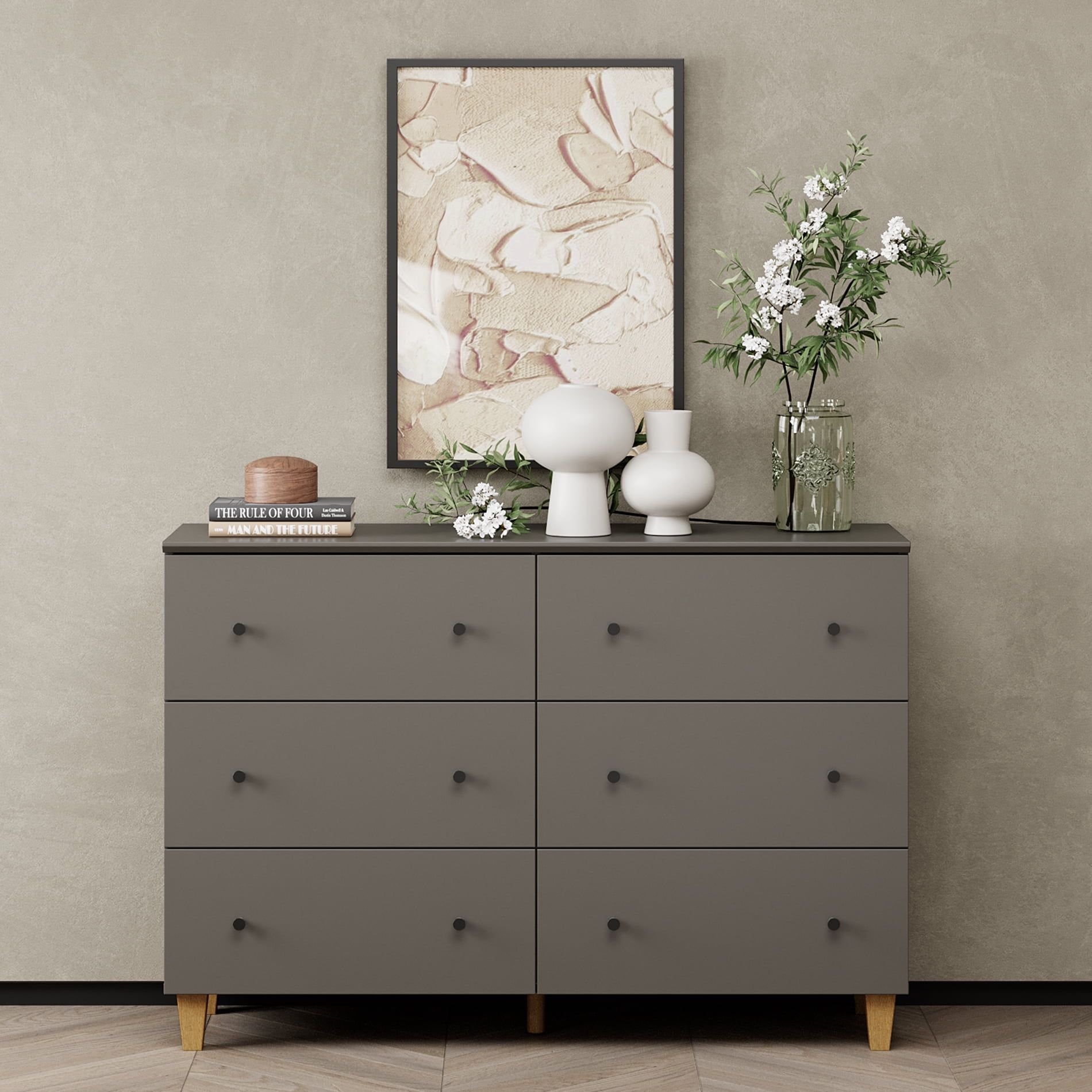 Dark Gray Oak Double Dresser with Deep Drawers