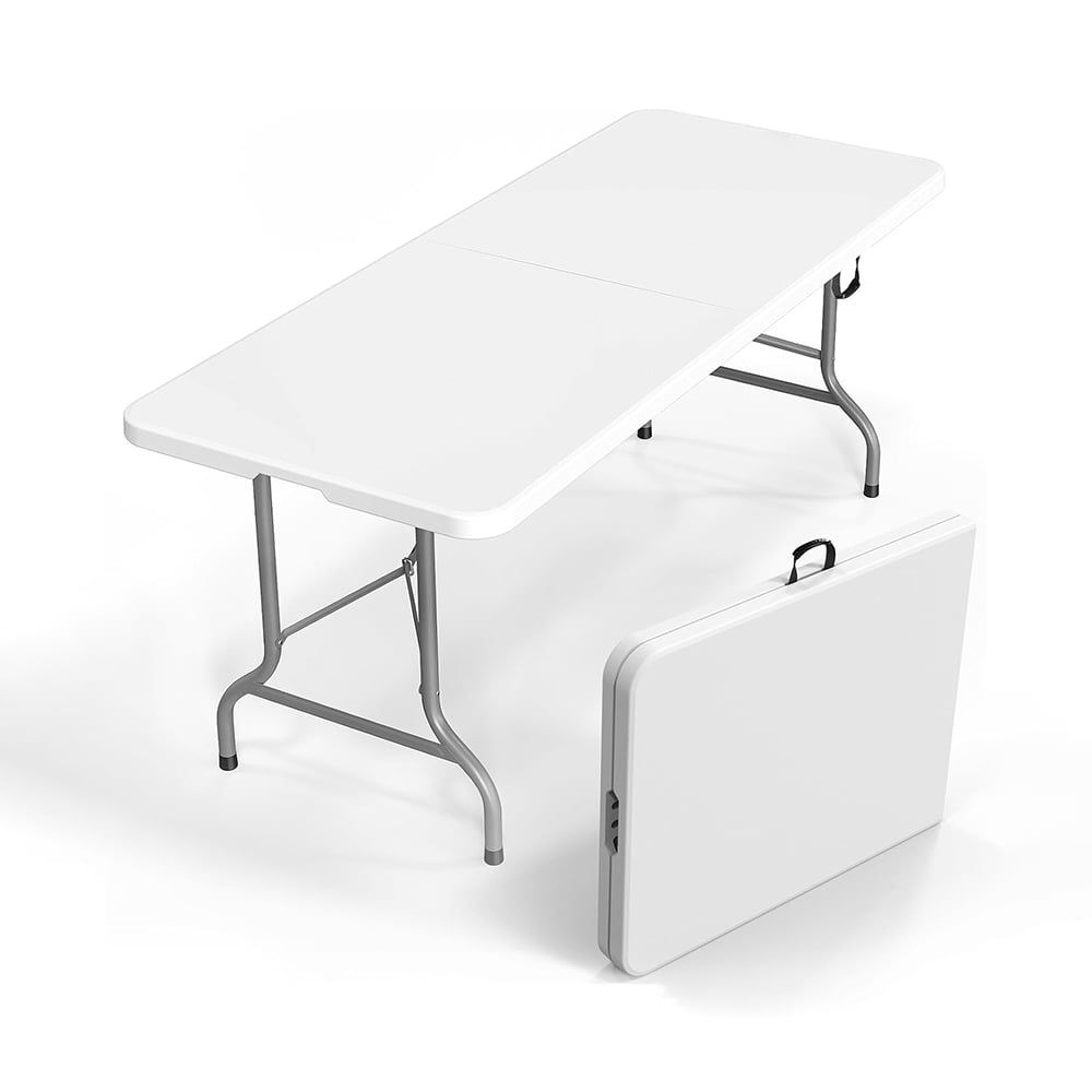 VINGLI 6-Foot White HDPE Folding Table with Carrying Handle