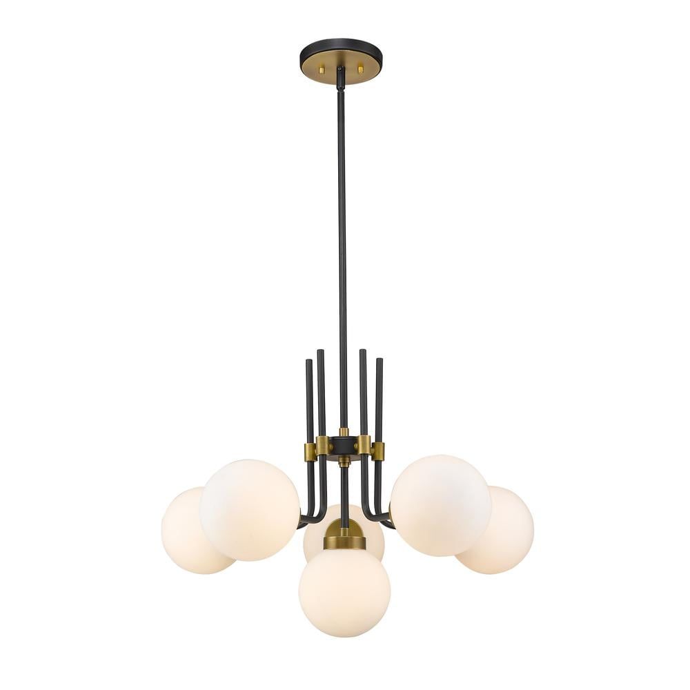 Elegant Olde Brass & Matte Black 6-Light Chandelier with Opal Shades