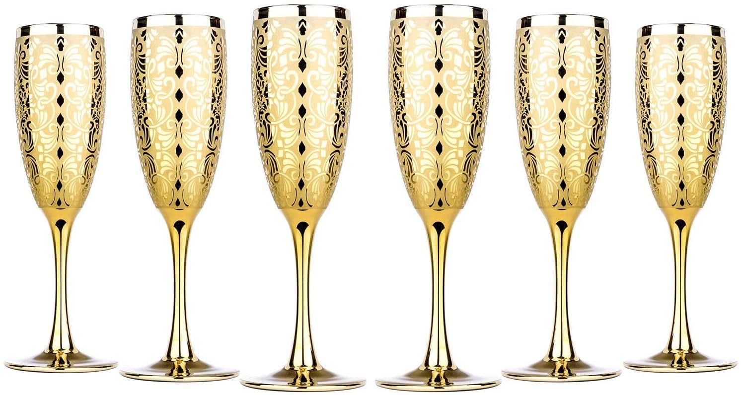 Golden Patterned 6-Ounce Crystal Champagne Flutes Set