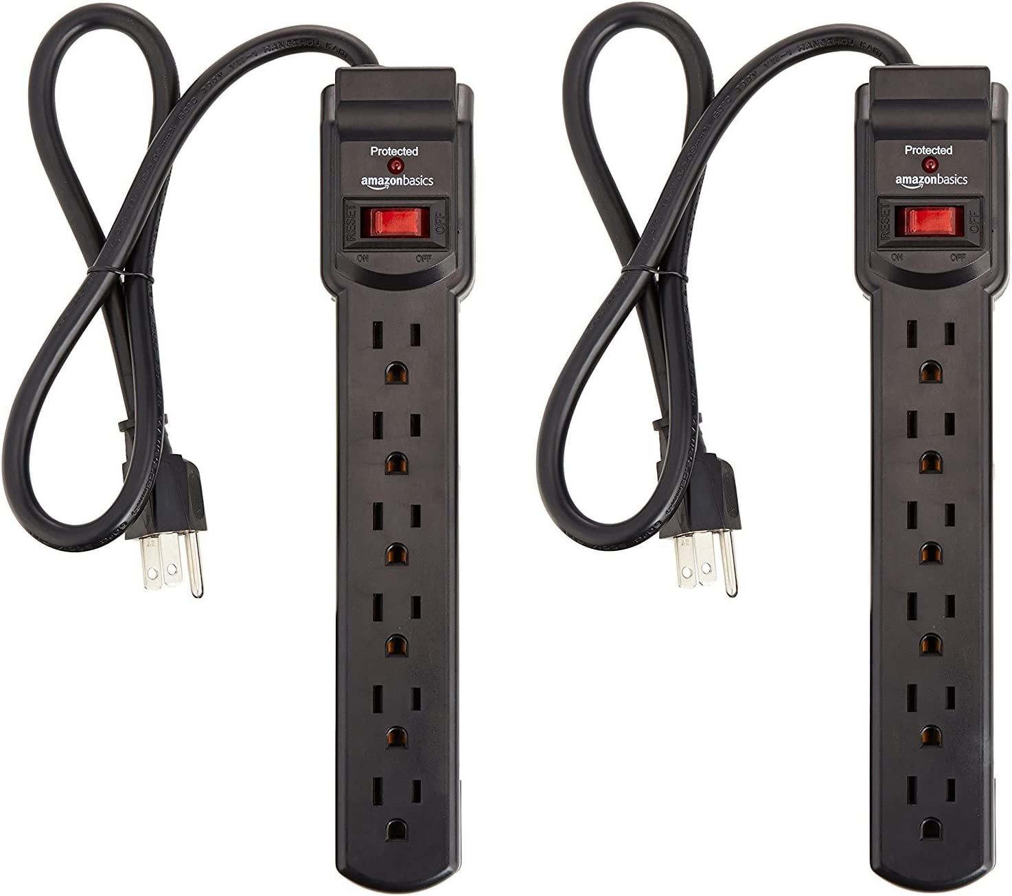 Black 6-Outlet Surge Protector Power Strip with LED Indicator