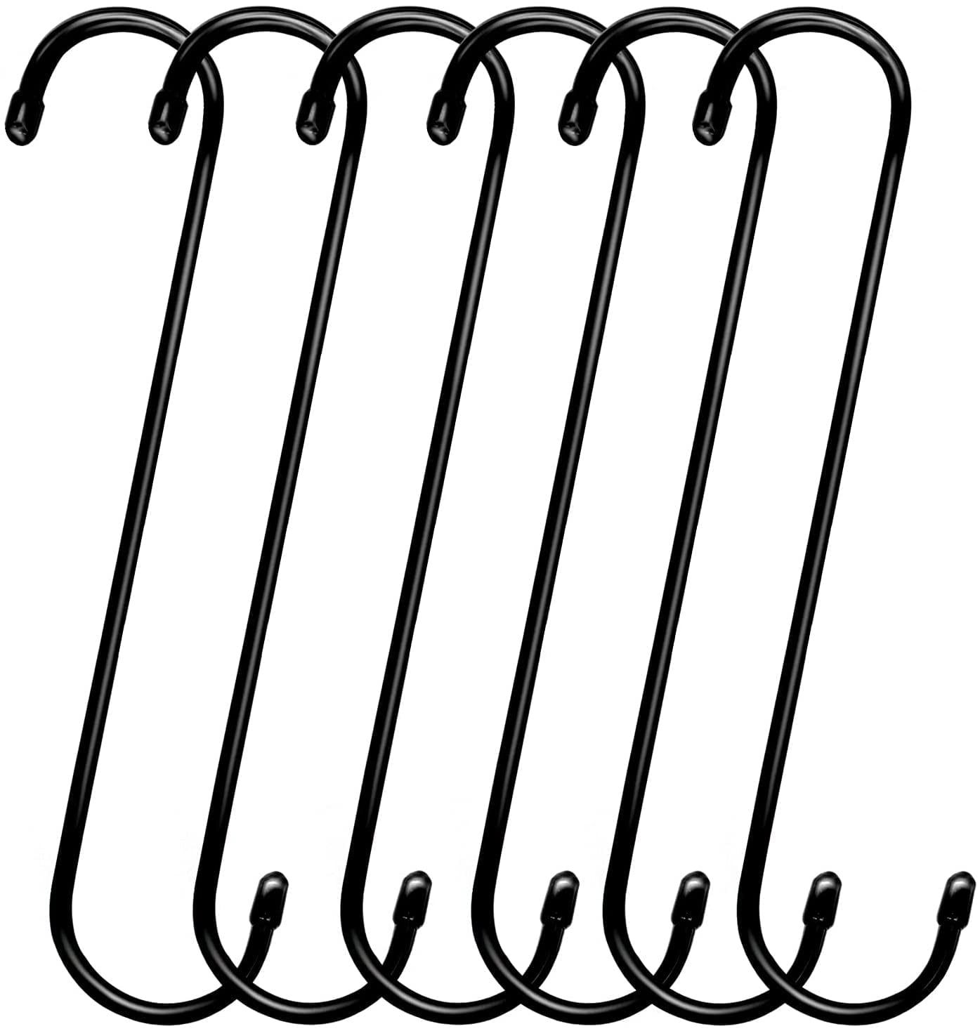 12 Inch Black Metal S Hooks with Rubber Caps, Set of 6