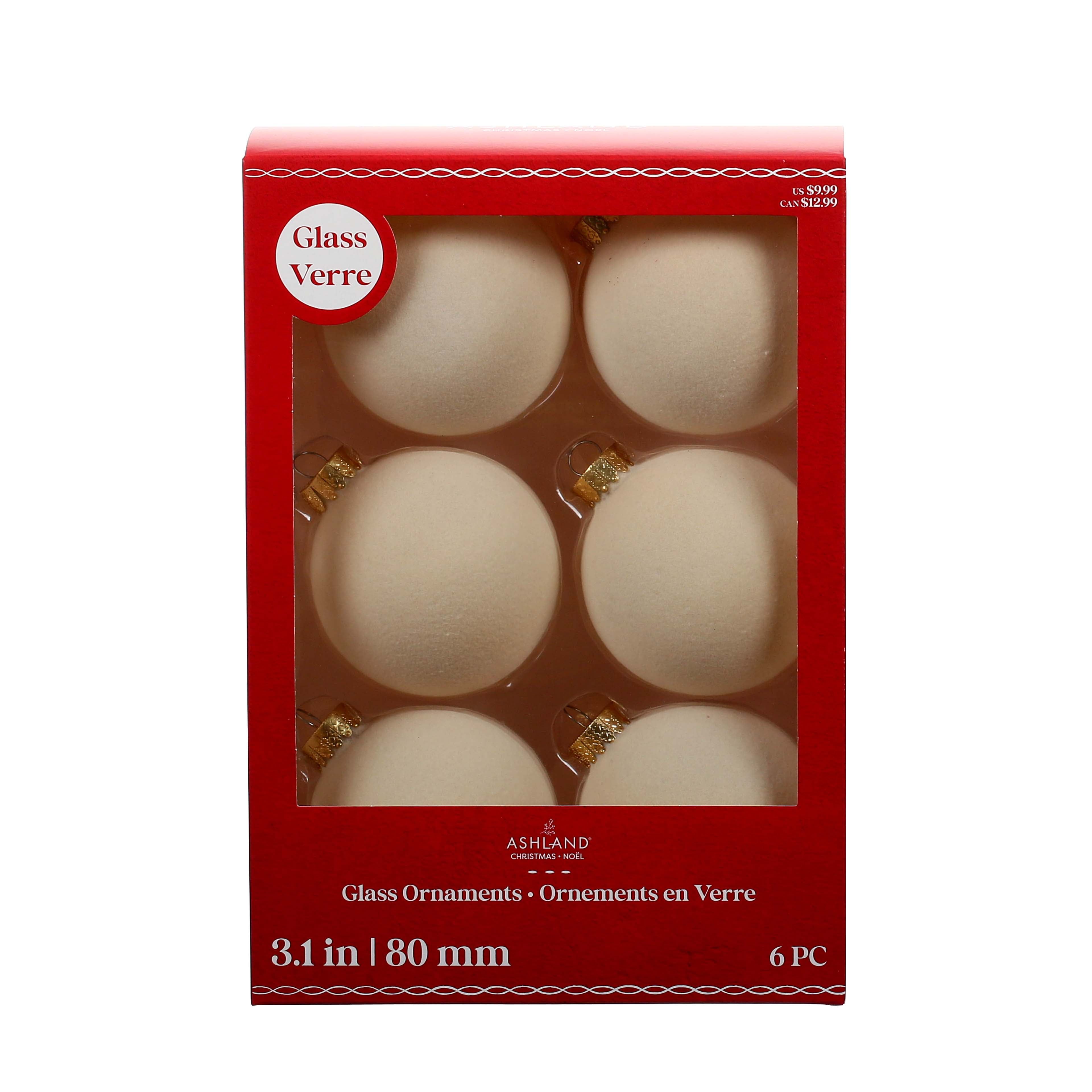 Cream 3.1" Flocked Glass Ball Christmas Ornaments, Set of 6