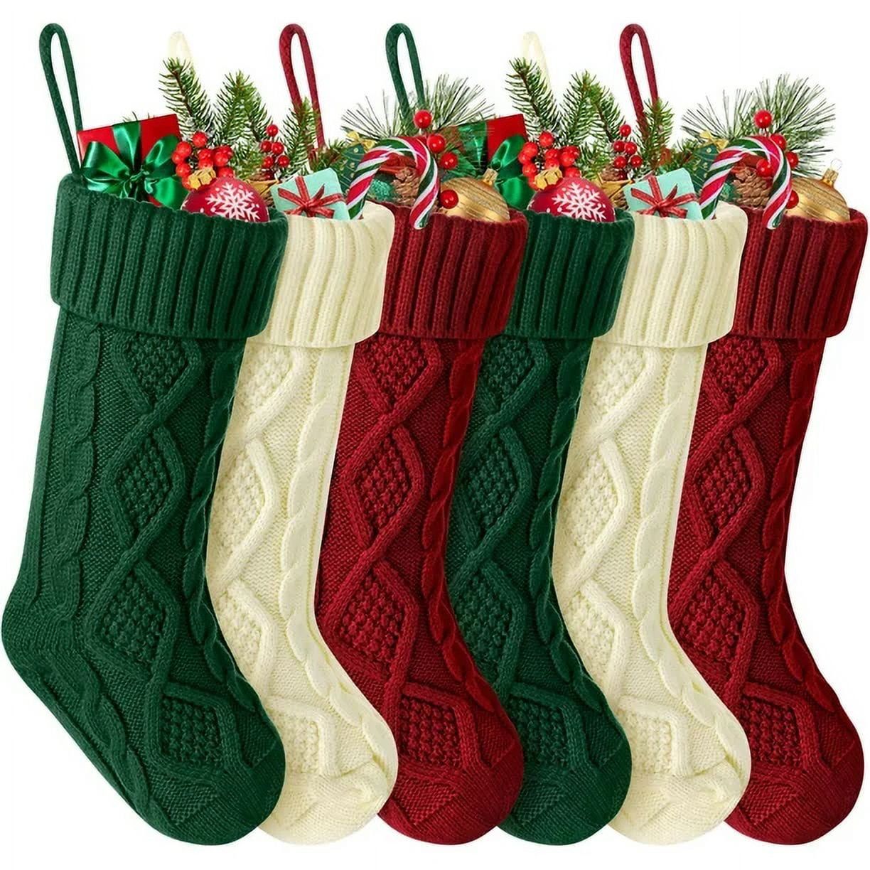 Set of 6 Knitted Christmas Stockings in Burgundy, Ivory, and Green