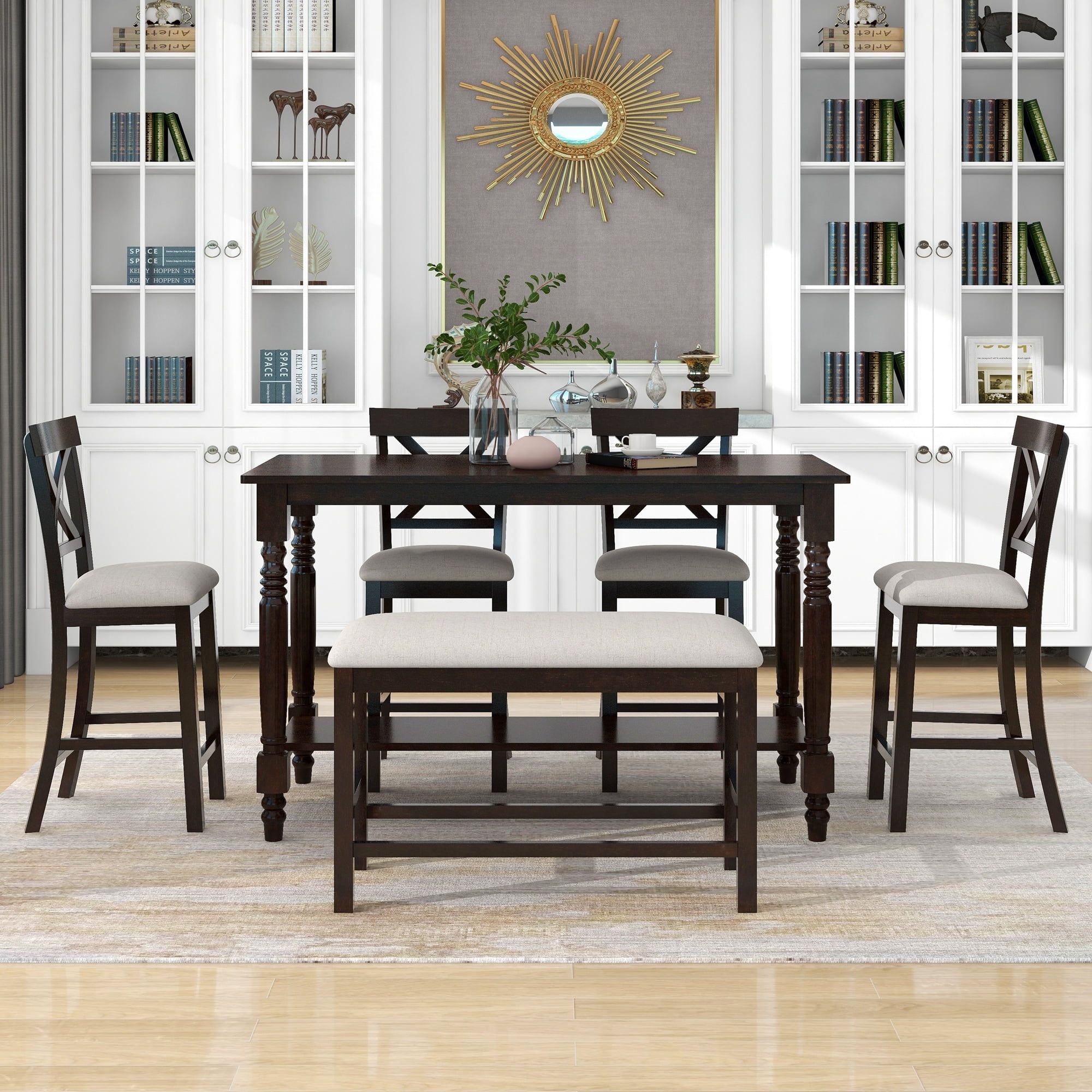 Espresso Wood 6-Piece Counter Height Dining Set with Upholstered Chairs and Bench