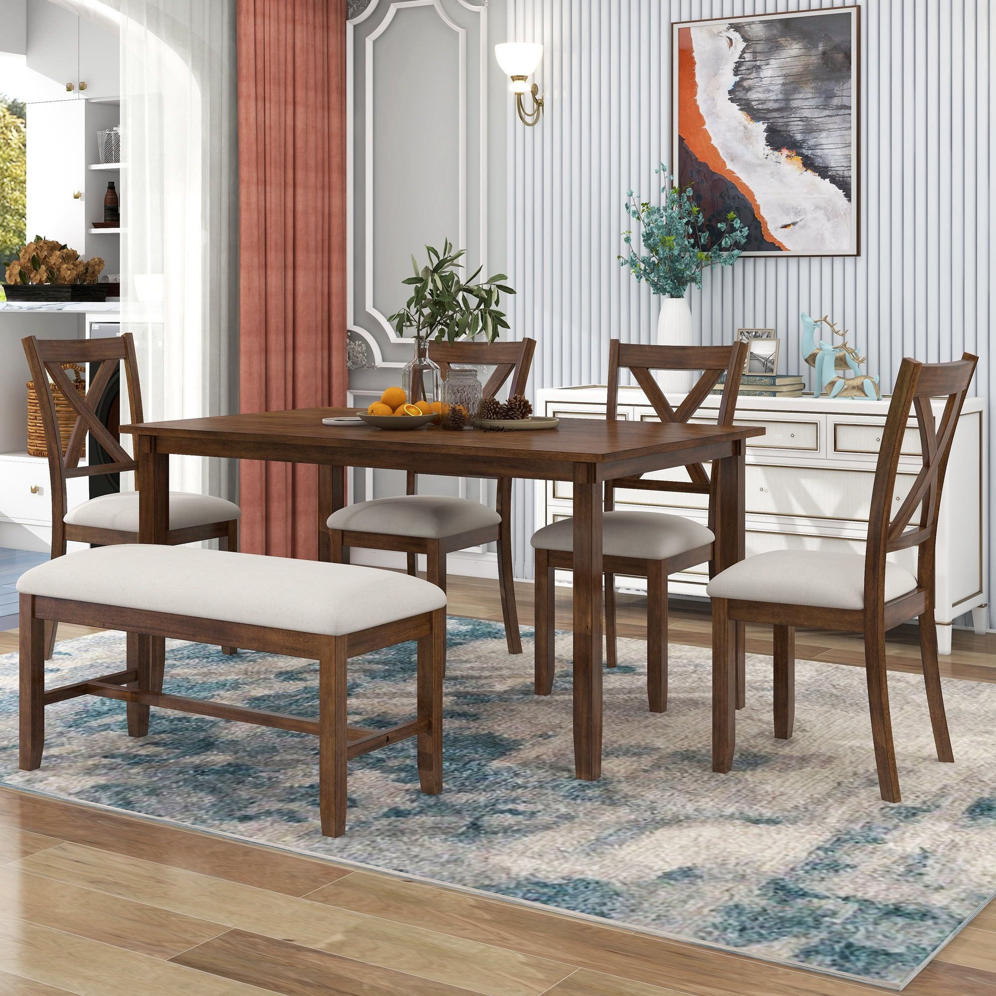 Natural Cherry 6-Piece Distressed Wood Dining Set with Beige Cushions