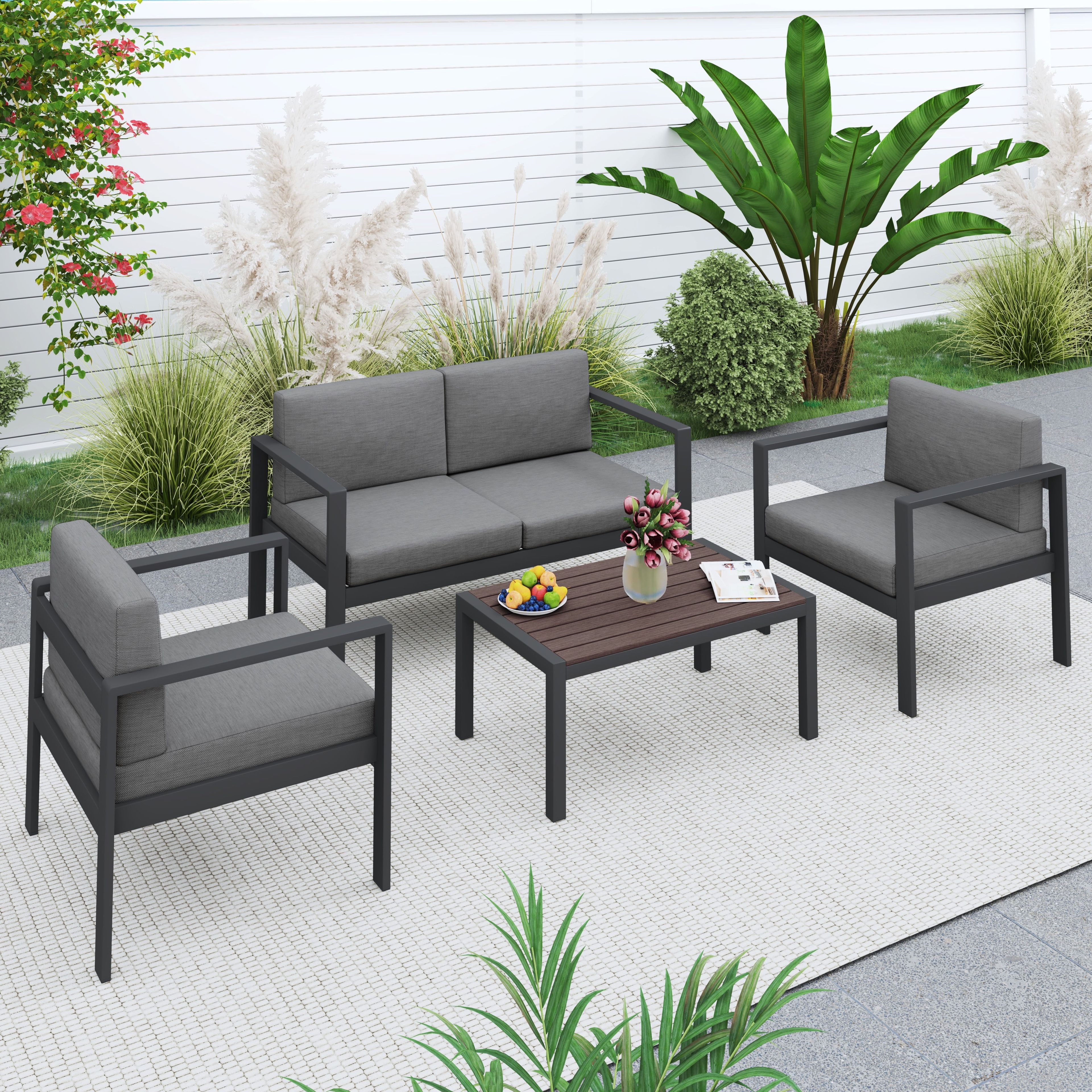 Black and Gray Aluminum 4-Piece Patio Conversation Set