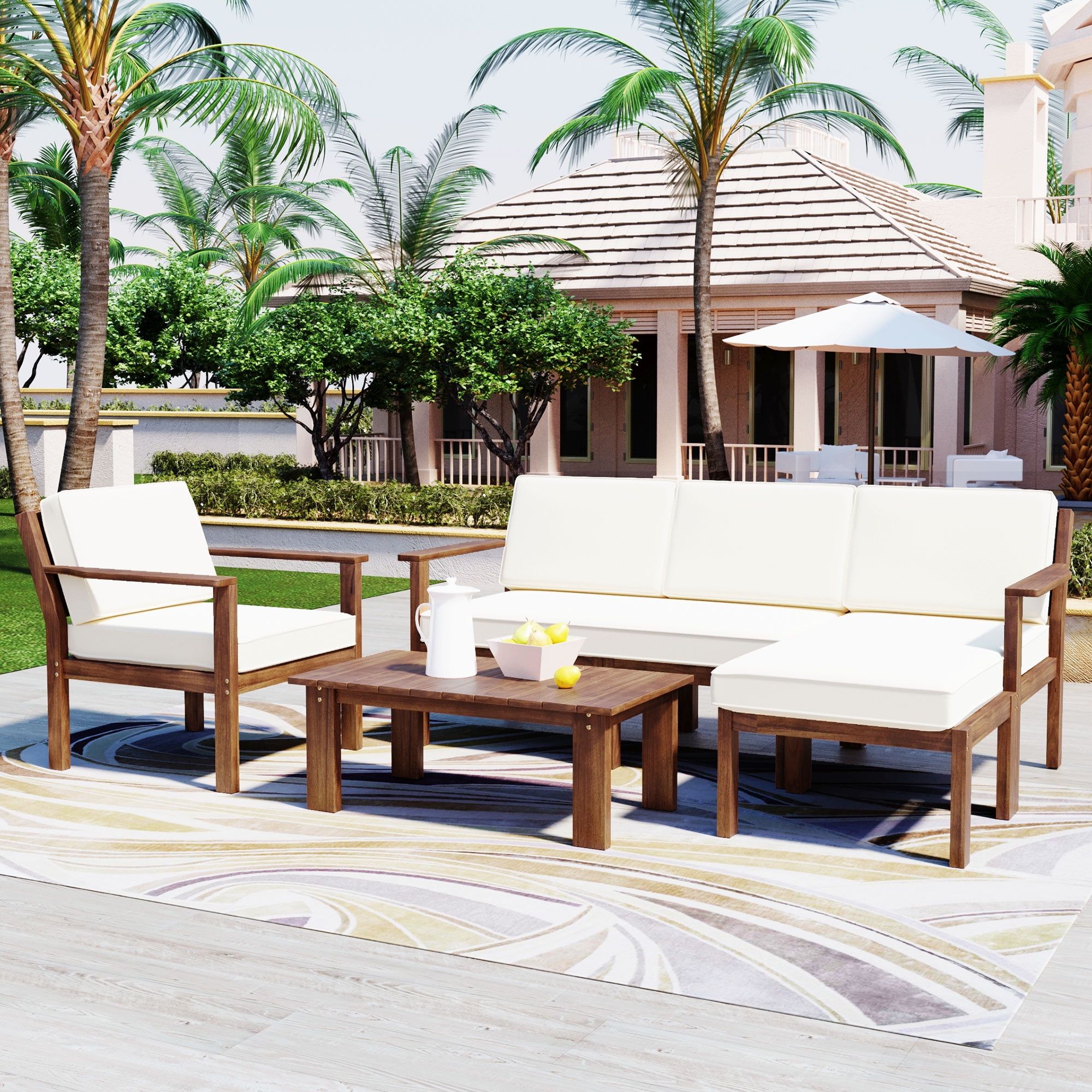 5-Piece Brown Wood Outdoor Seating Set with Beige Cushions