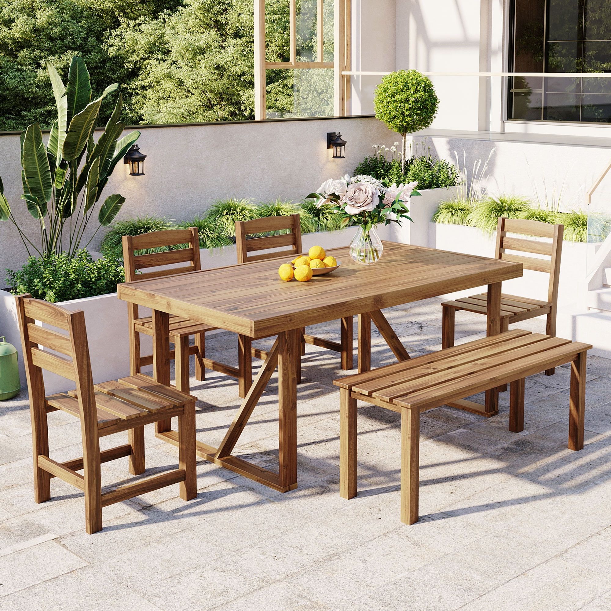 Natural Acacia Wood 6-Piece Outdoor Dining Set with Bench