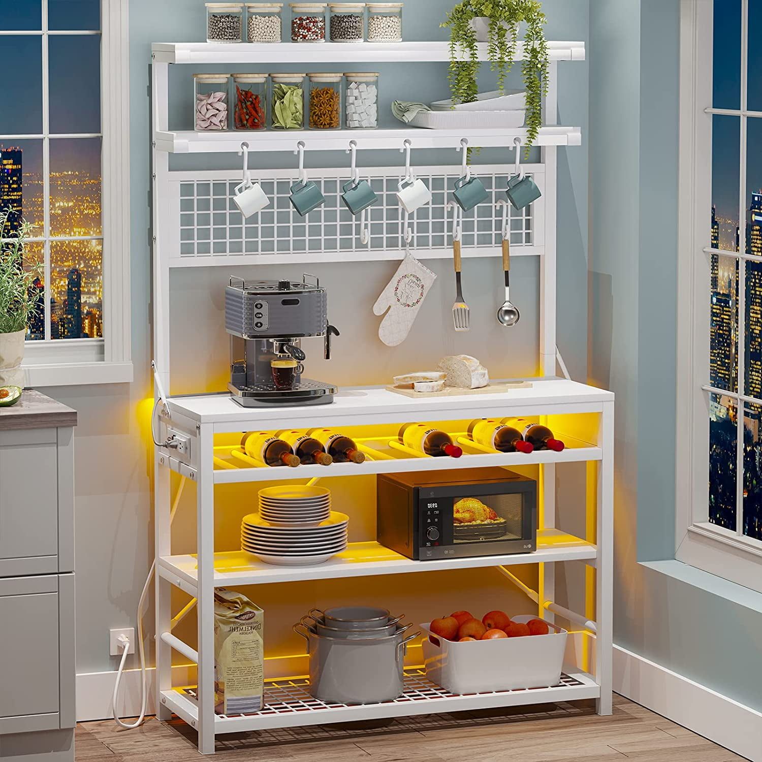 White 6-Tier Adjustable Baker's Rack with LED Lights and Power Outlets