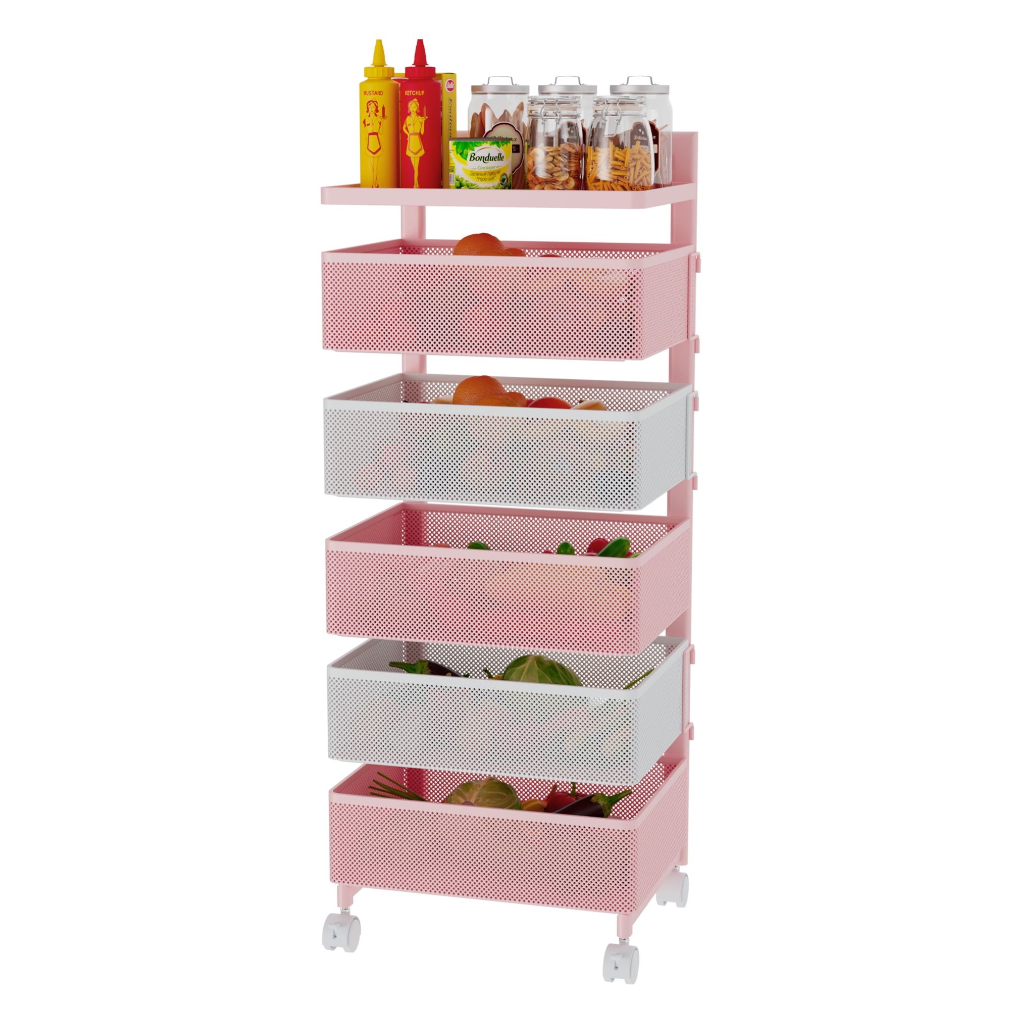 Pink and White 5-Tier Rotating Metal Utility Cart with Wheels