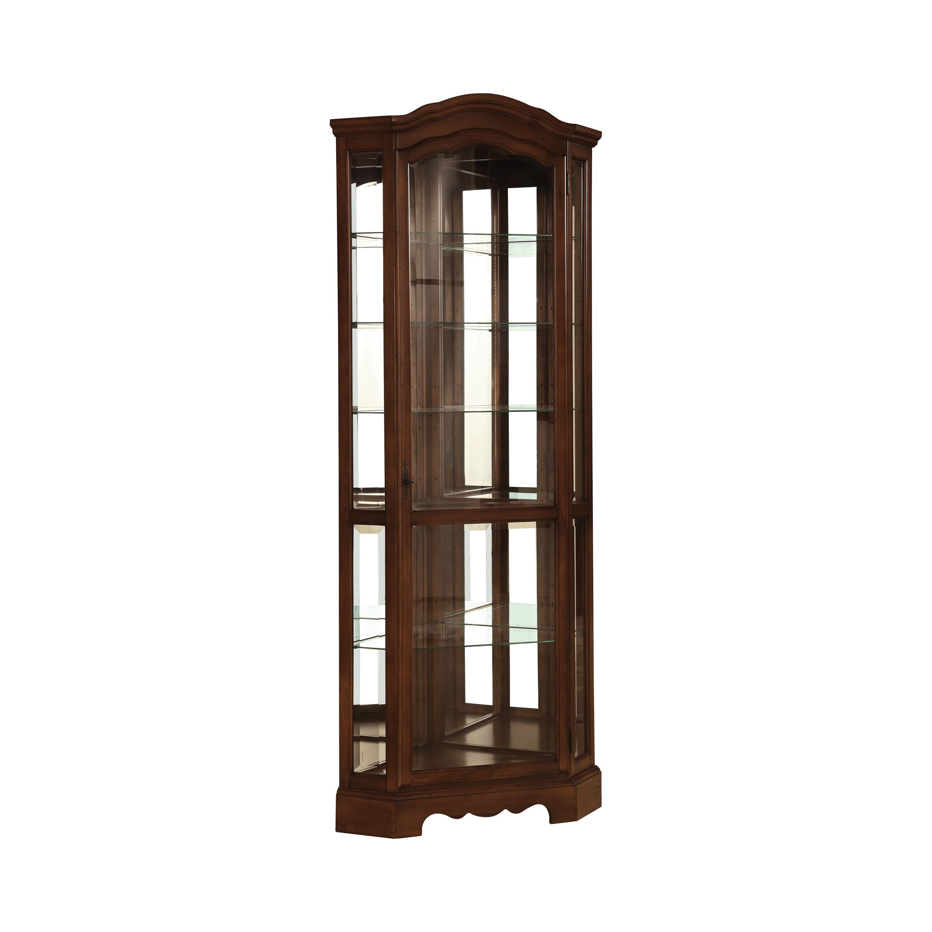 Rich Brown Lighted Corner Curio Cabinet with Glass Shelves