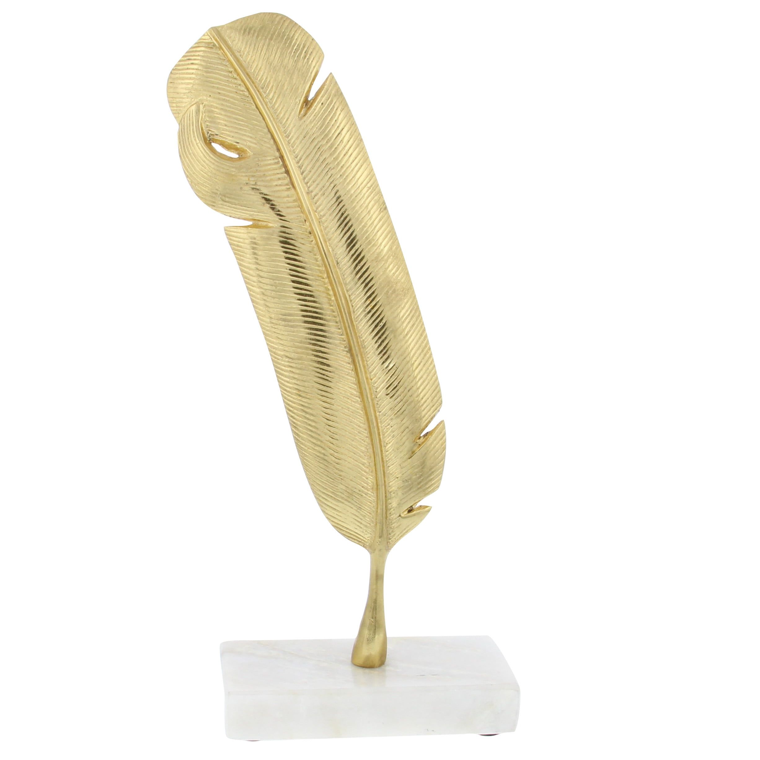 Gold Metallic Bird Feather Sculpture with Marble Base, 12" Height