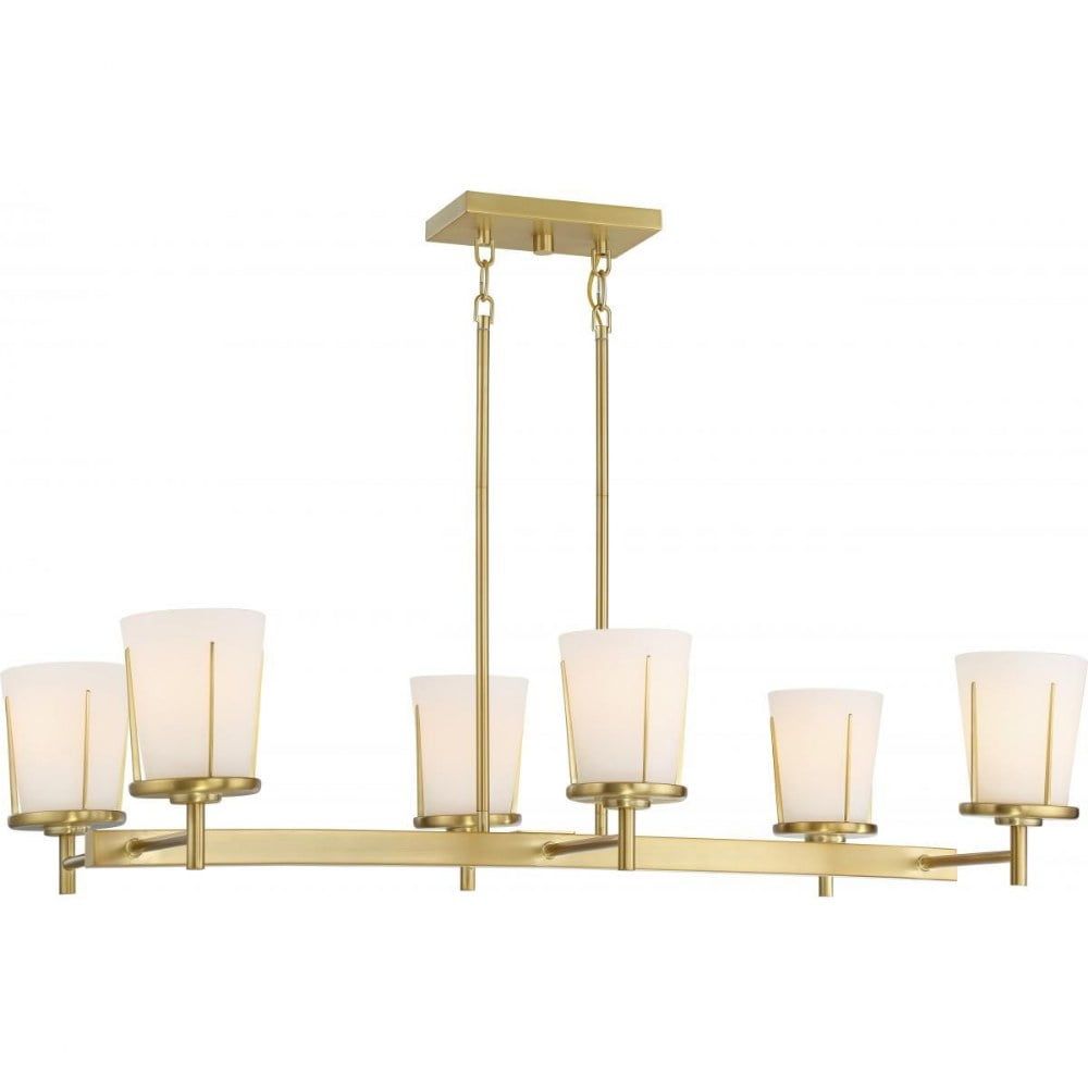 Serene Transitional 6-Light Island Pendant in Natural Brass with Satin White Glass