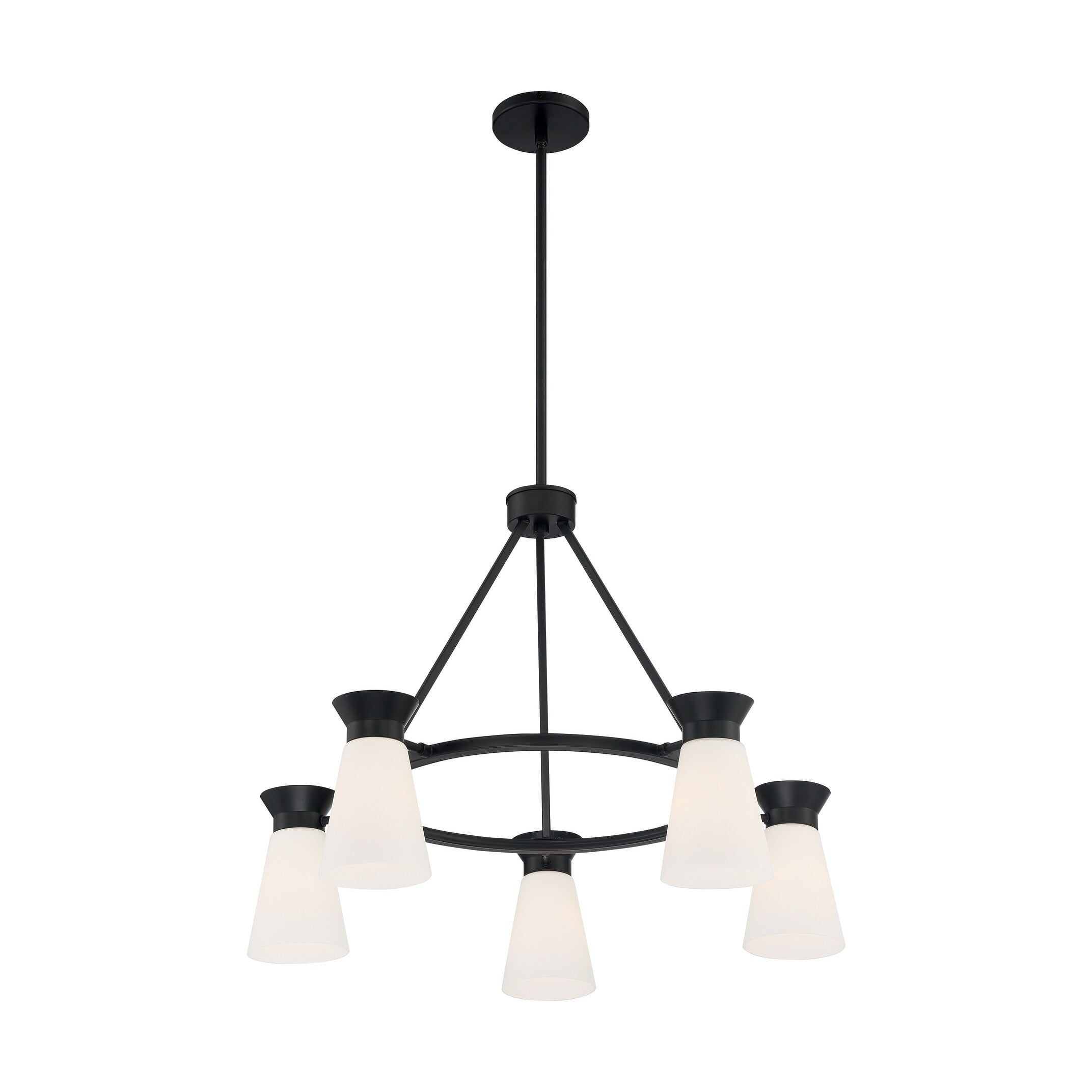 Caleta Mid Century Modern Black 5-Light Chandelier with Frosted White Glass