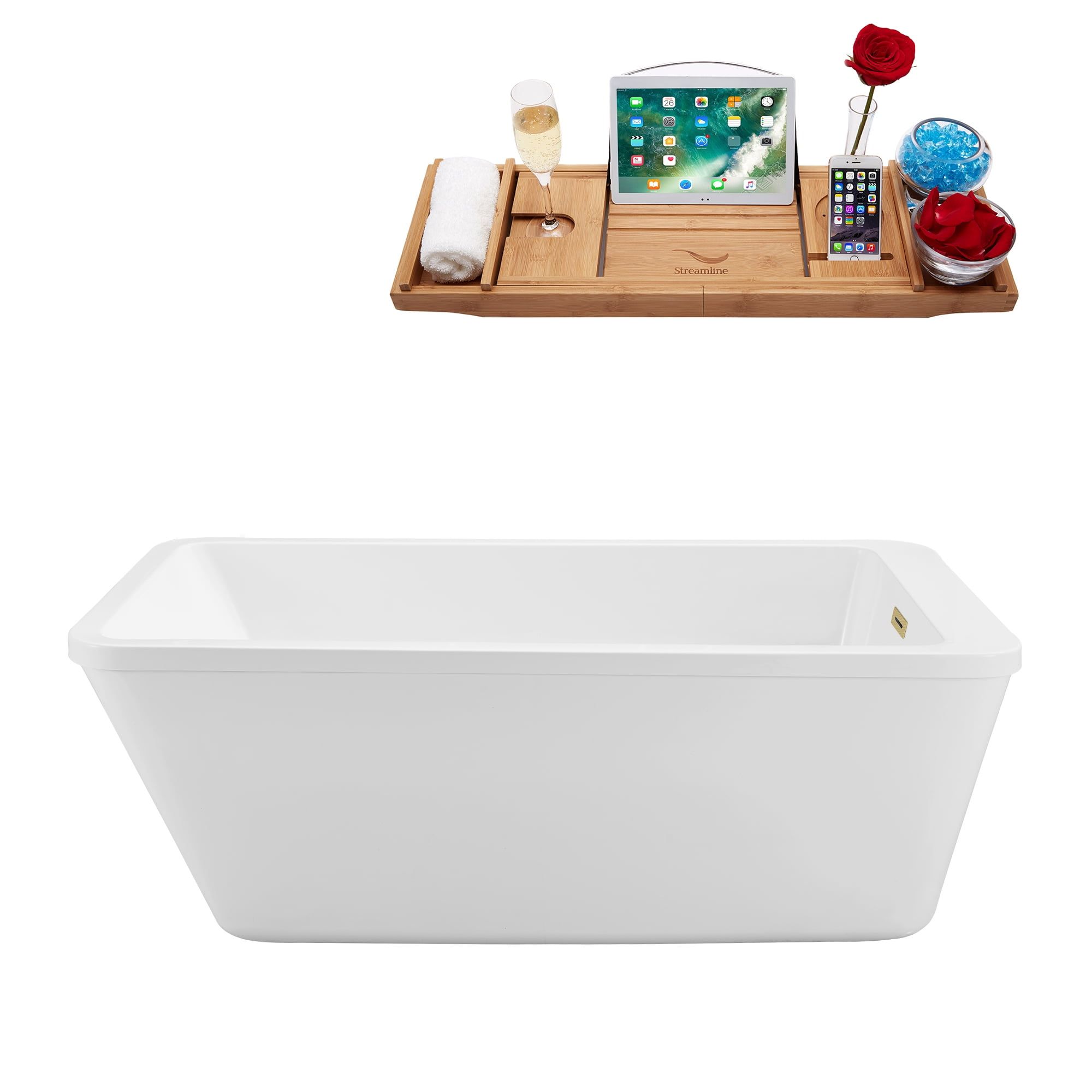 60" Glossy White Acrylic Freestanding Soaking Bathtub with Brushed Brass Drain