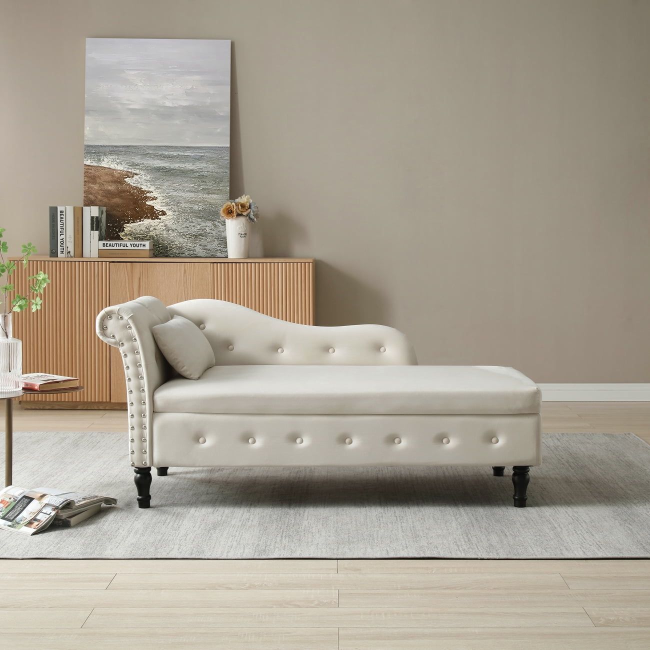 Beige Velvet Tufted Chaise Lounge with Storage and Nailhead Trim