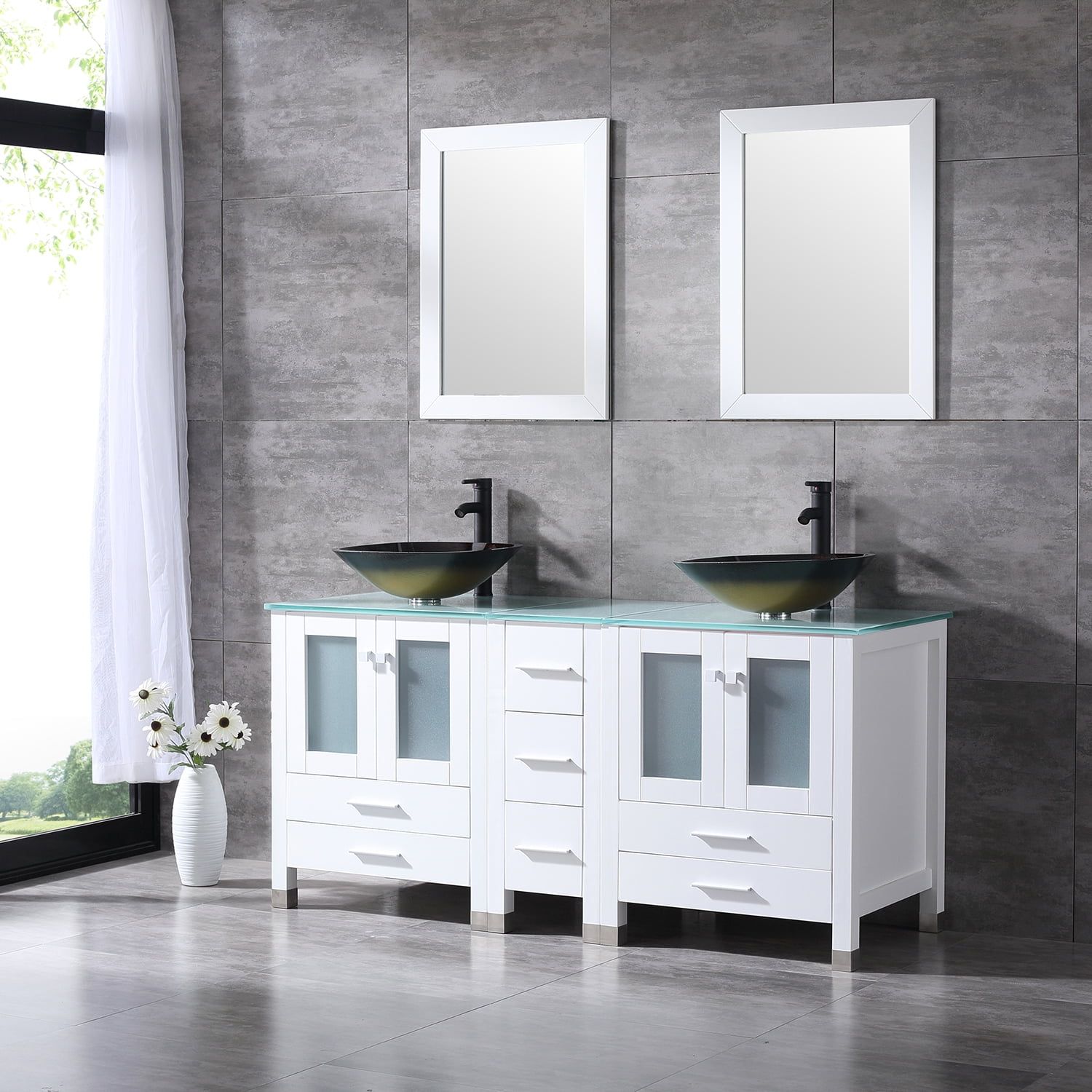 60'' White Wood Double Sink Vanity with Glass Top and Mirrors