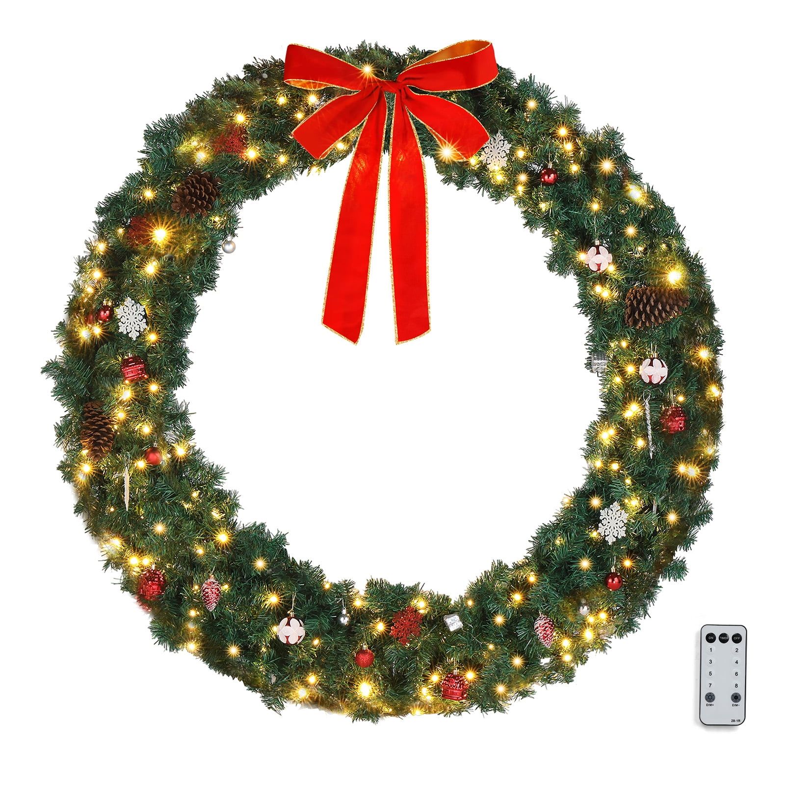 60in Green PVC Christmas Wreath with Lights and Red Bow