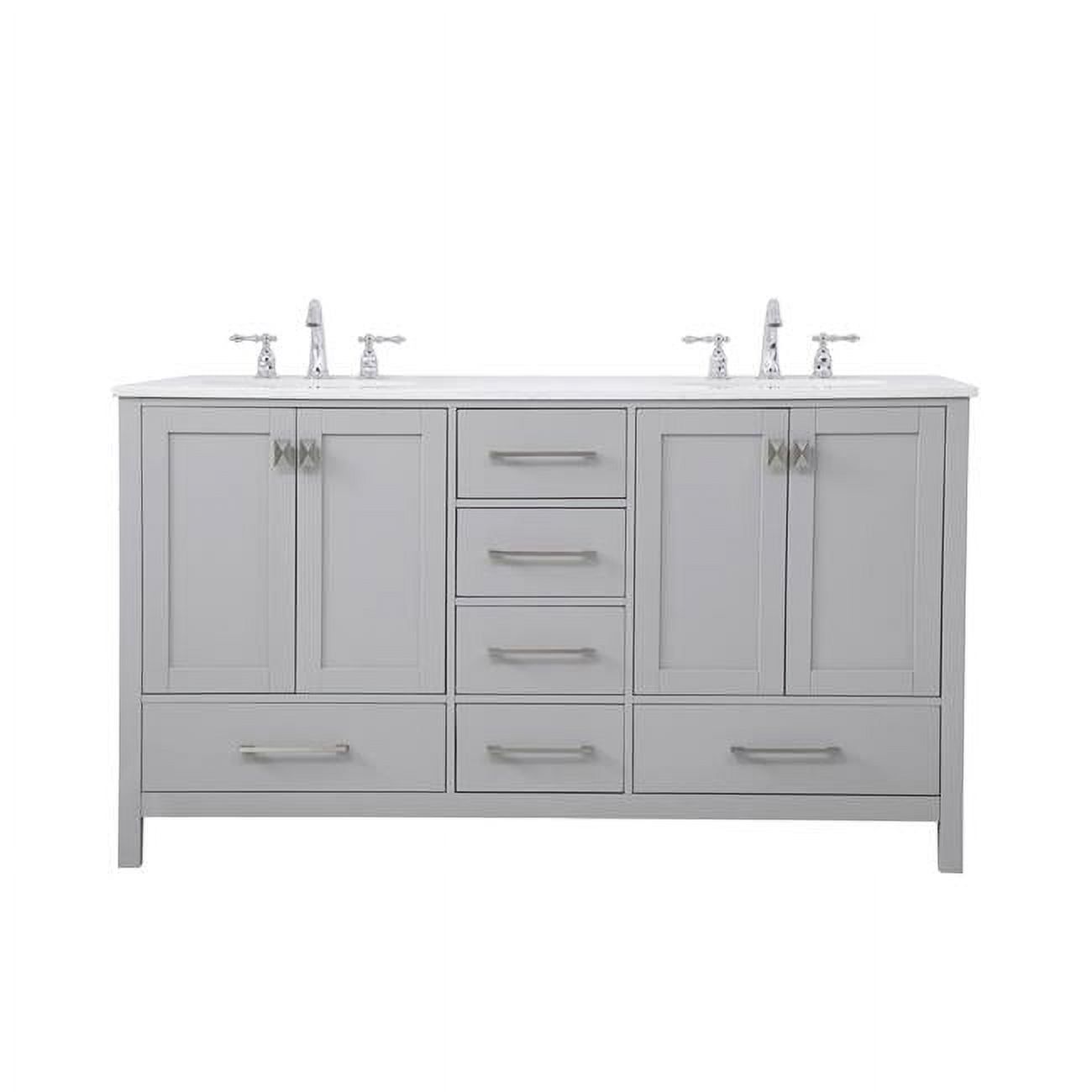 60 in. Gray Double Freestanding Bathroom Vanity with Engineered Marble Top