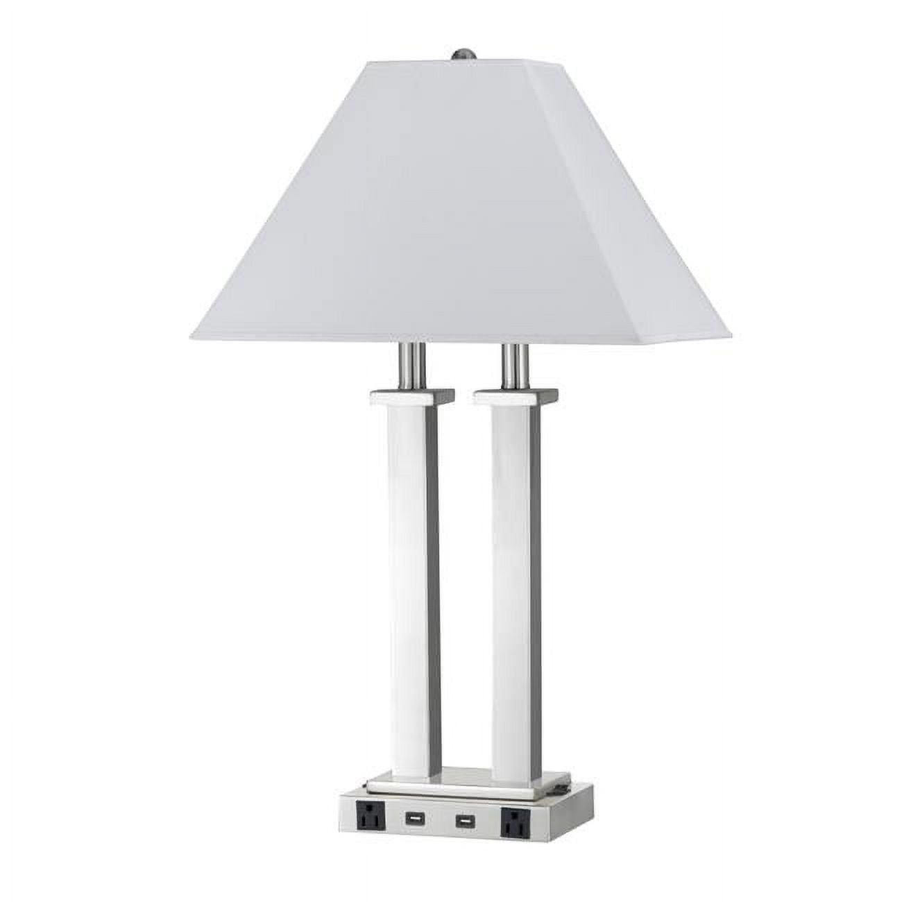 Silver and White Desk Lamp with Trapezoid Shade and Power Strip