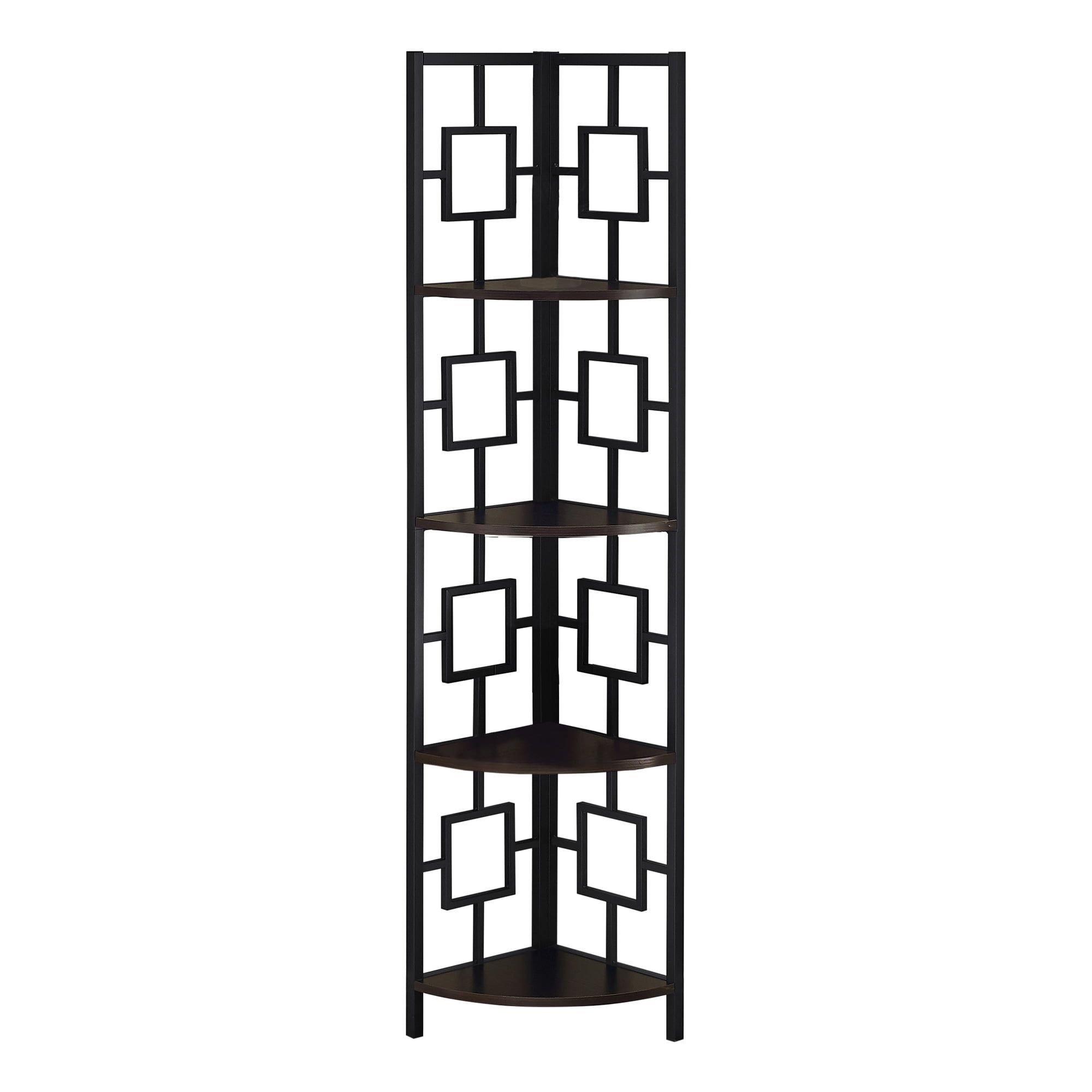 Espresso and Black Metal 4-Tier Corner Bookcase