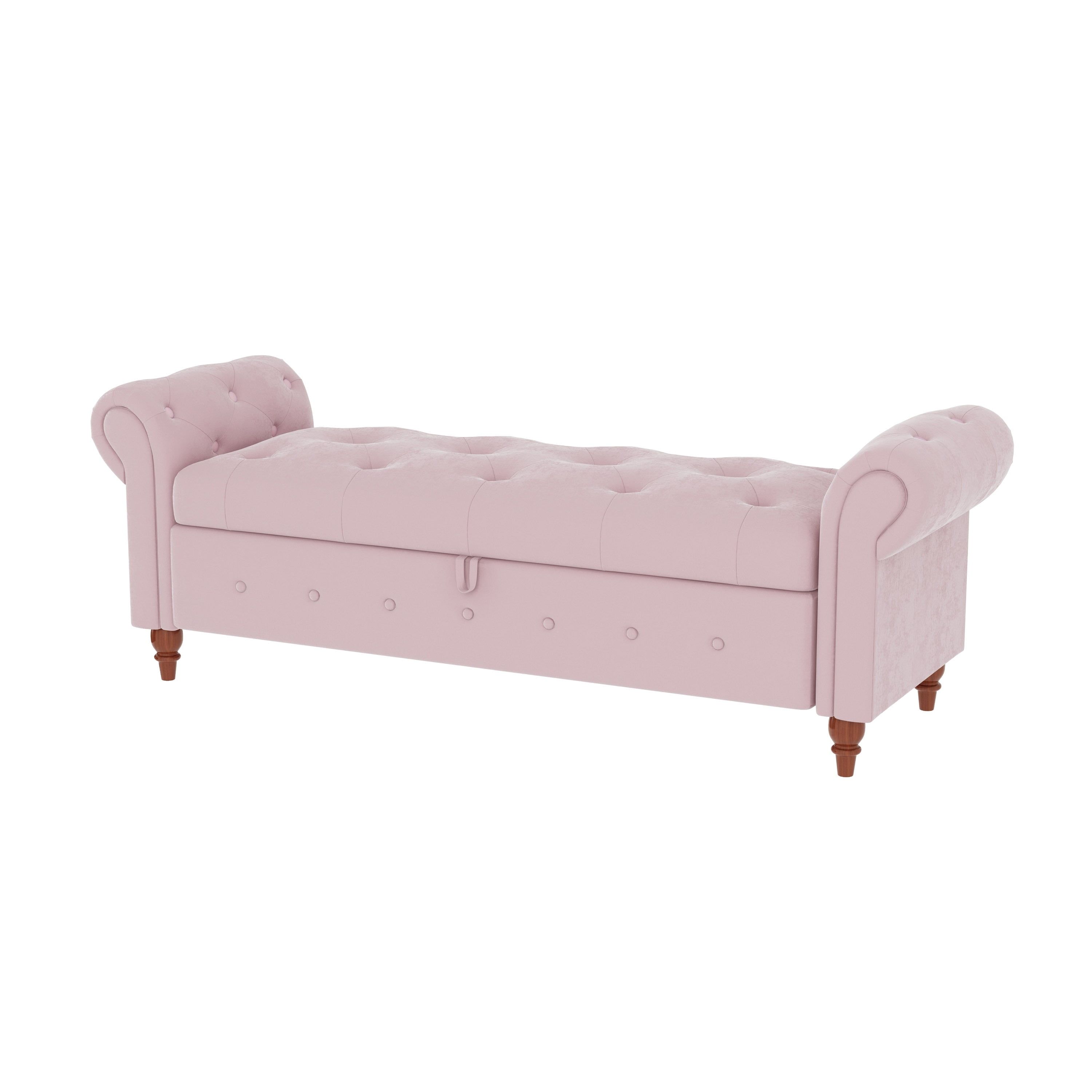 63" Pink Velvet Tufted Storage Bed Bench with Rolled Arms