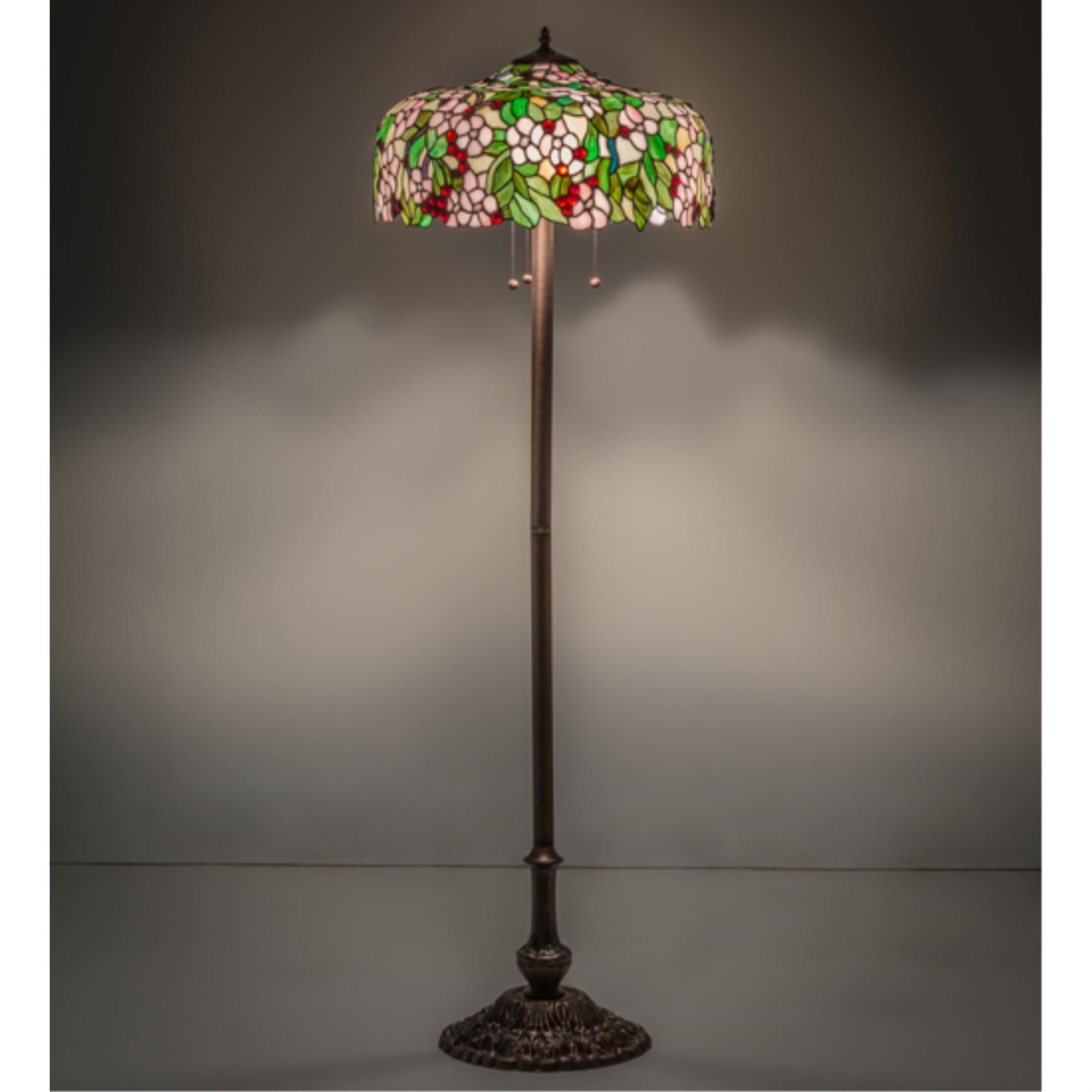 63" Cherry Blossom Stained Glass Floor Lamp with Bronze Base