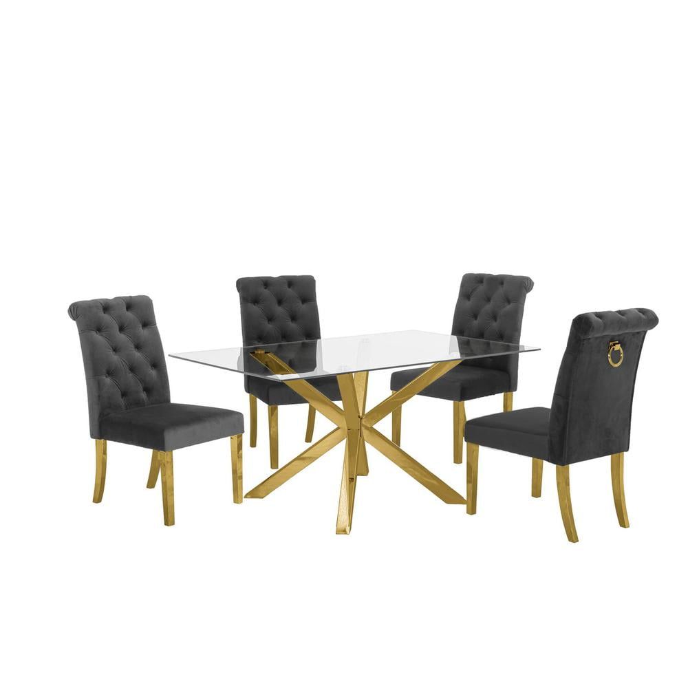 63" Glass Dining Table with Dark Gray Velvet Chairs and Gold Base