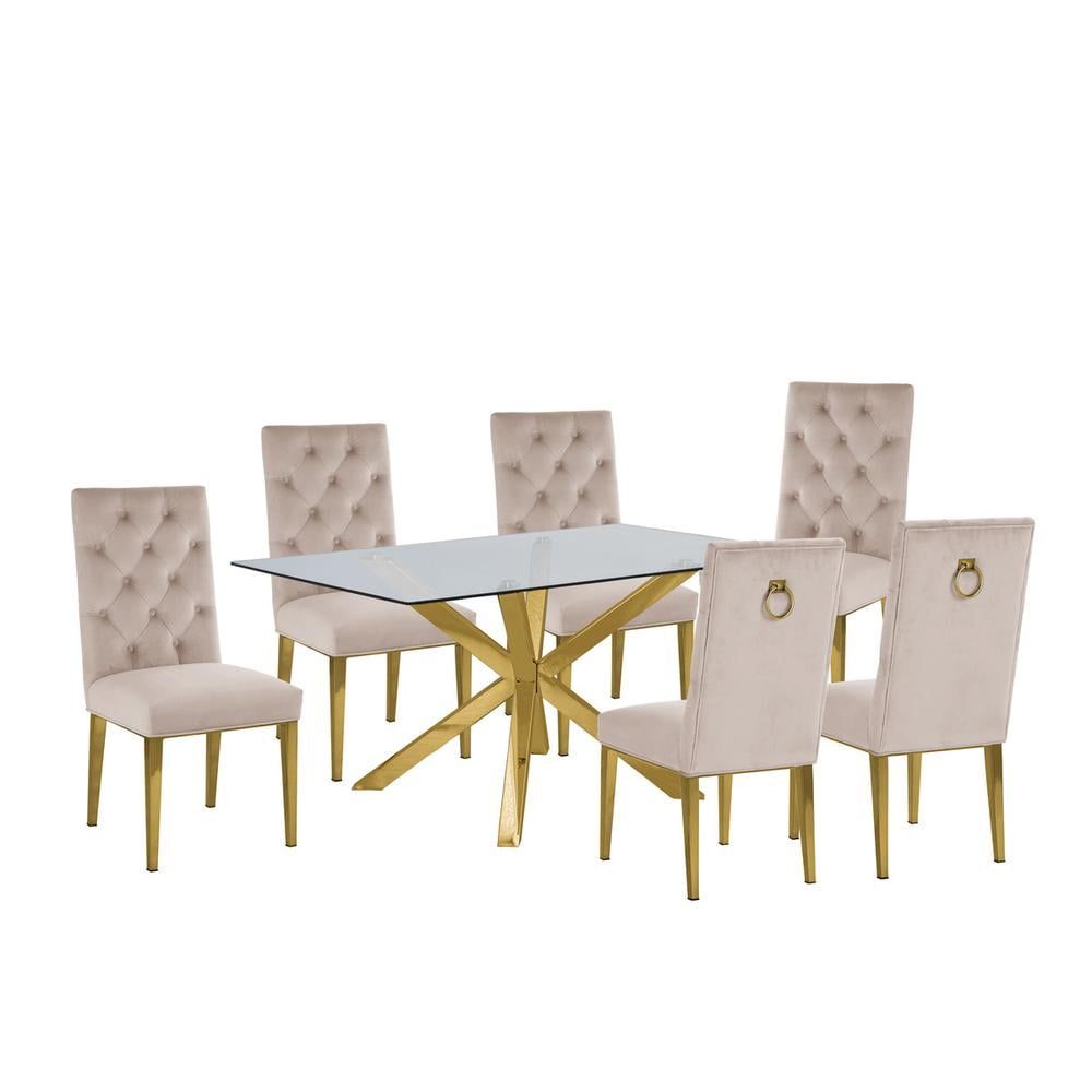 63" Rectangular Clear Glass Dining Set with Beige Velvet Chairs and Gold Base