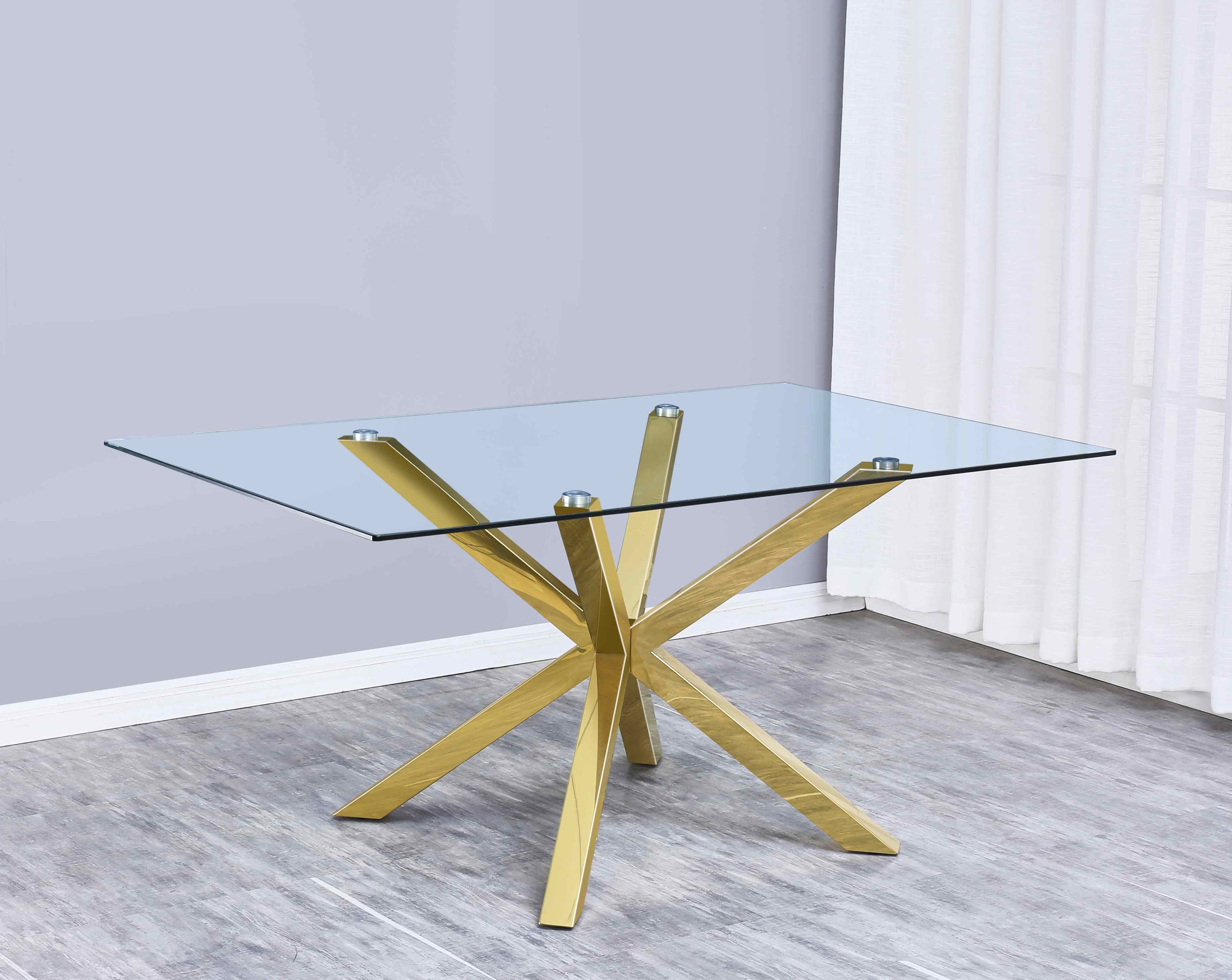 Elegant 63" Rectangular Clear Glass Dining Table with Gold Stainless Steel Base