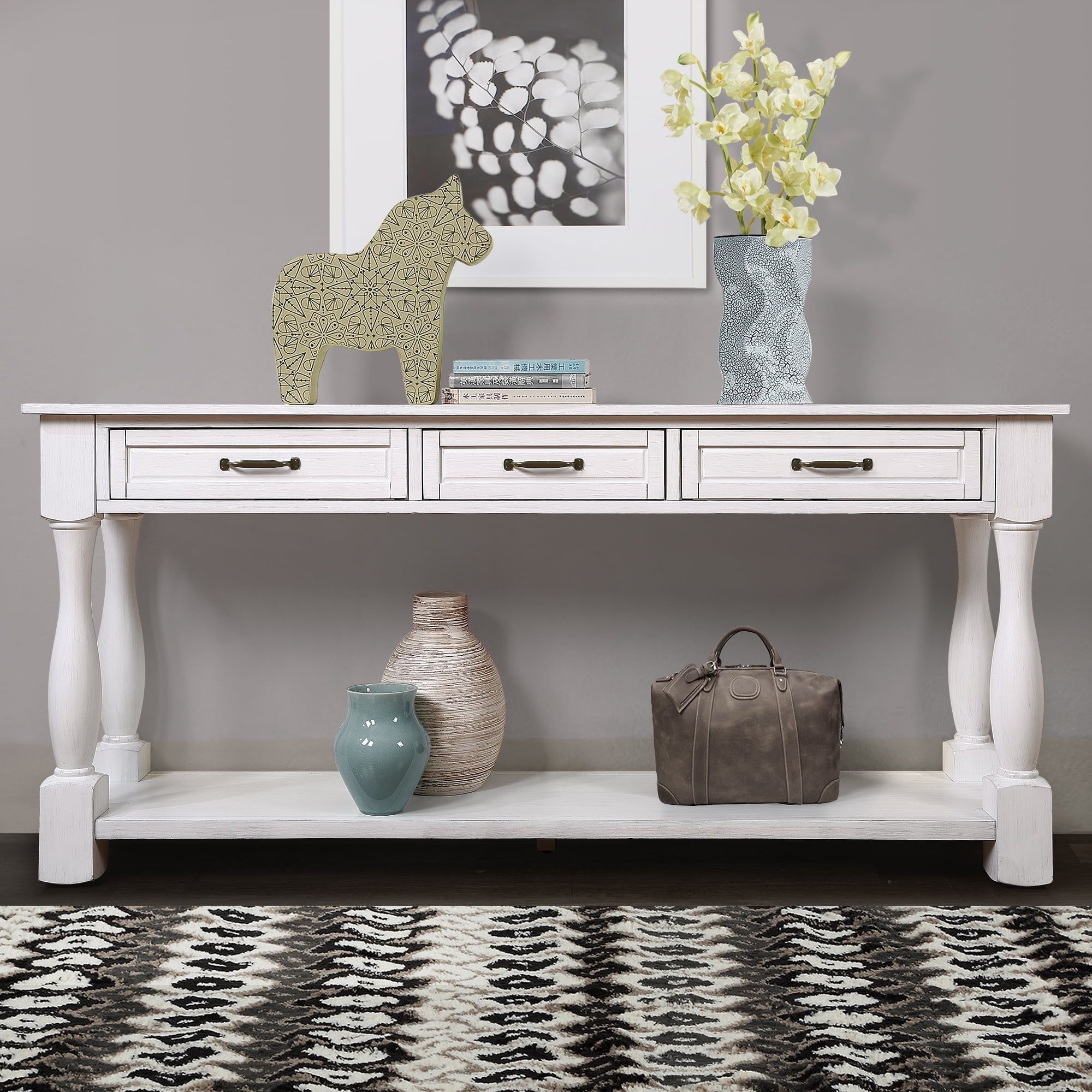 Antique White Pine Wood Console Table with Storage Drawers