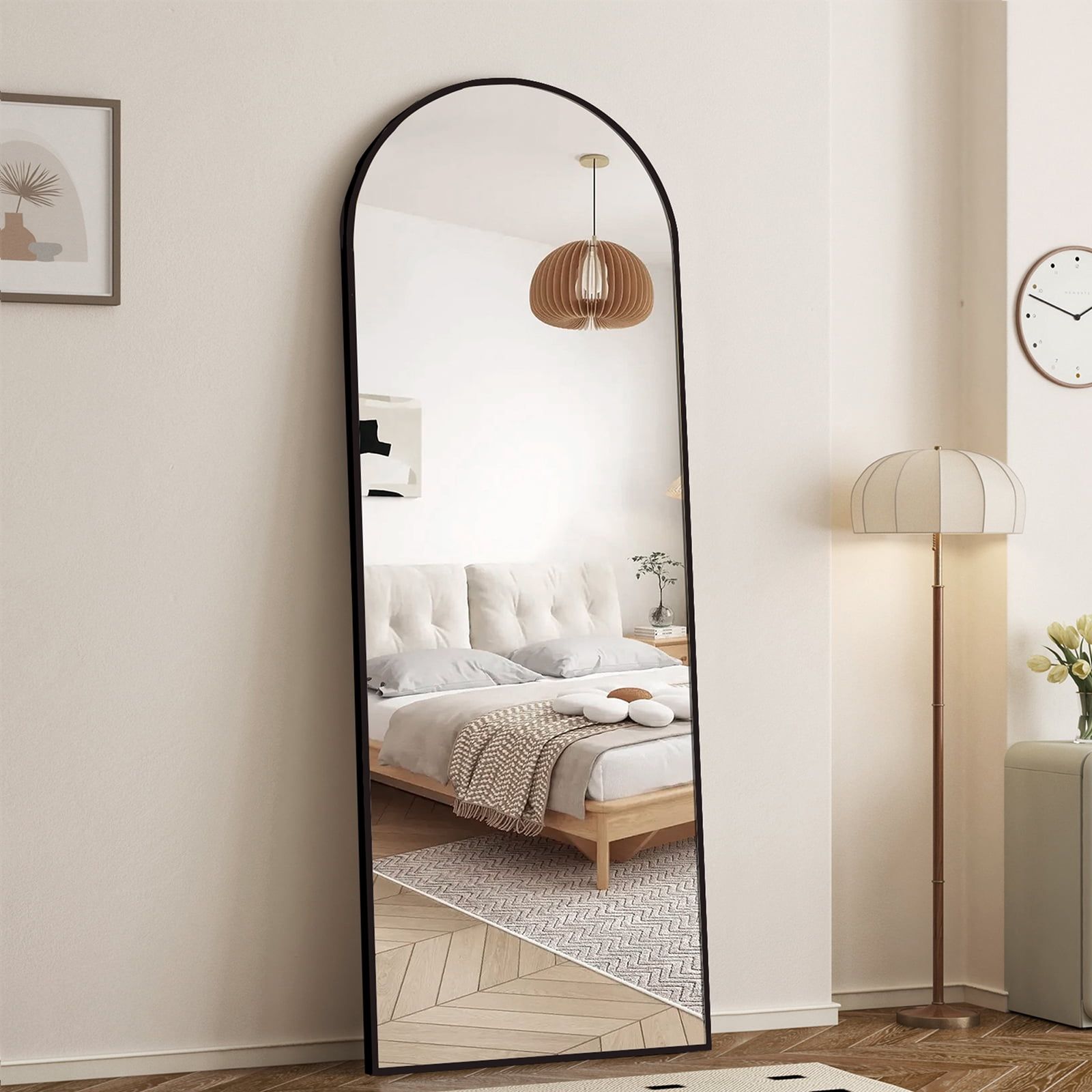 Arched Black Full Length Floor Mirror with Wood Frame