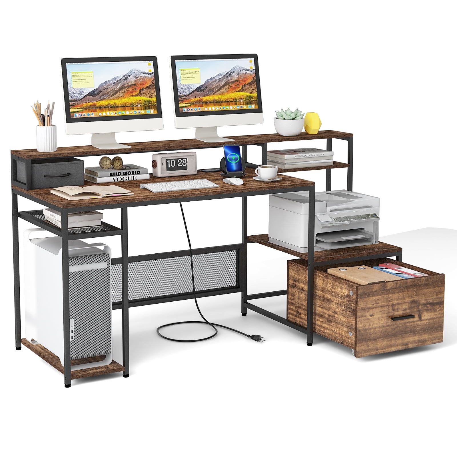 67 Inch Black Wood Computer Desk with Drawer and Power Outlet