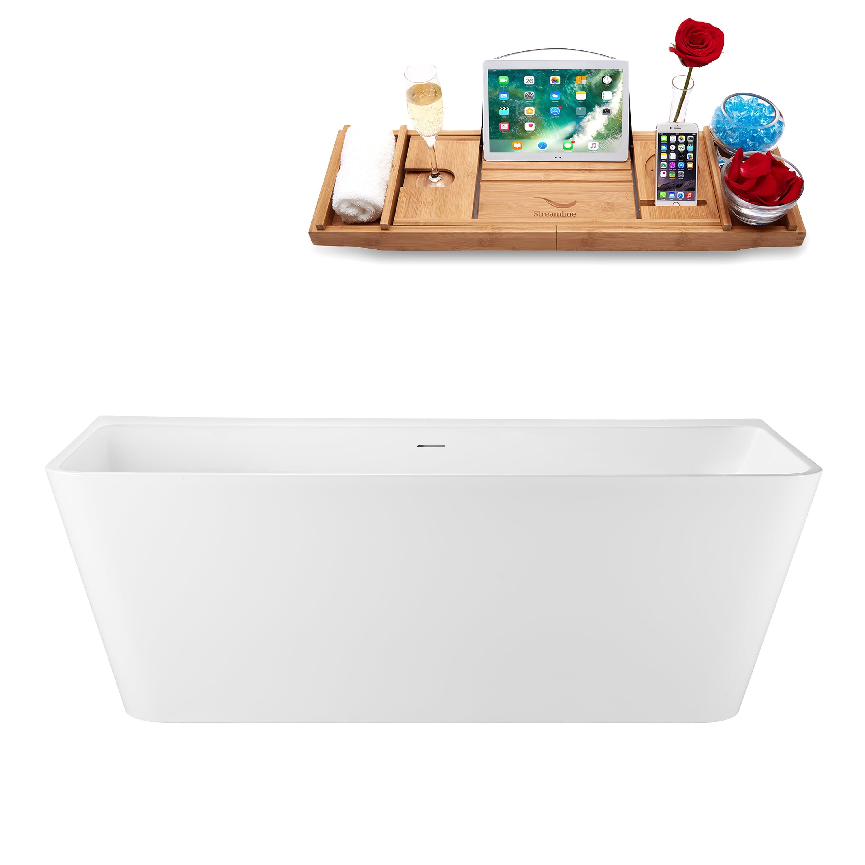 67" Glossy White Acrylic Freestanding Soaking Tub with Bamboo Tray