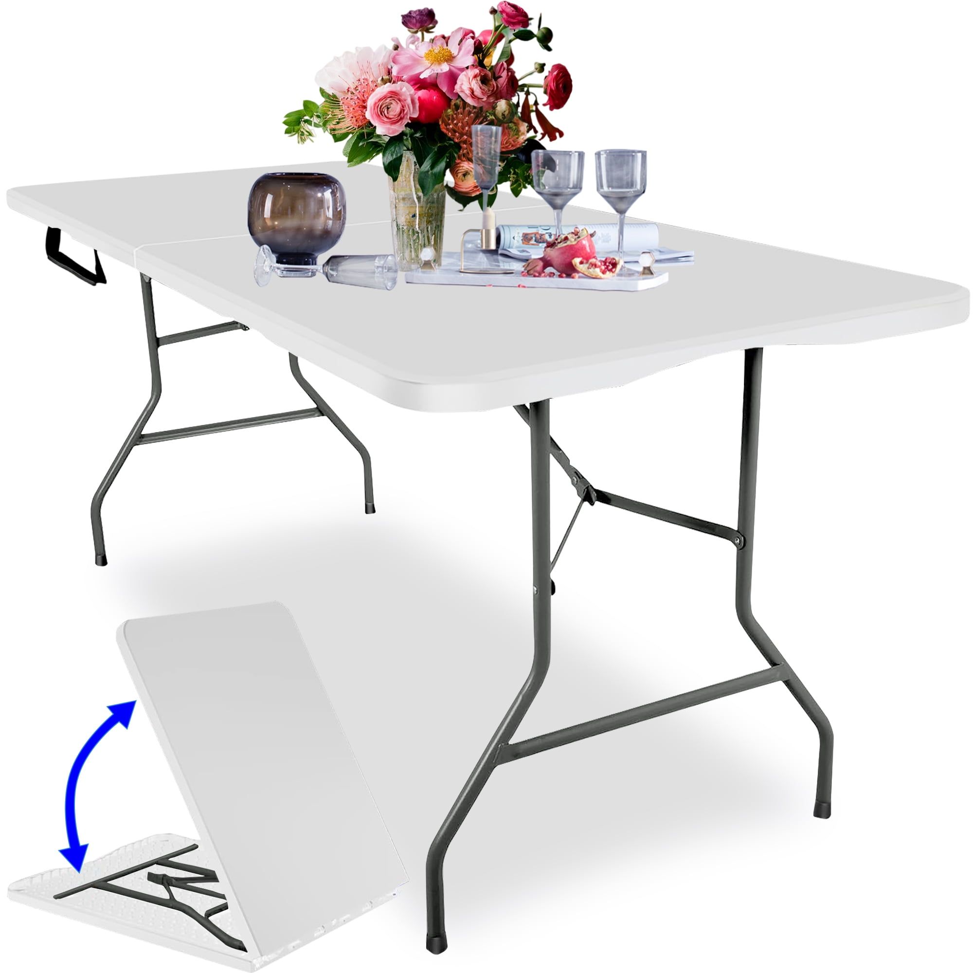 6-Foot White Folding Table with Steel Legs for Indoor Outdoor Use