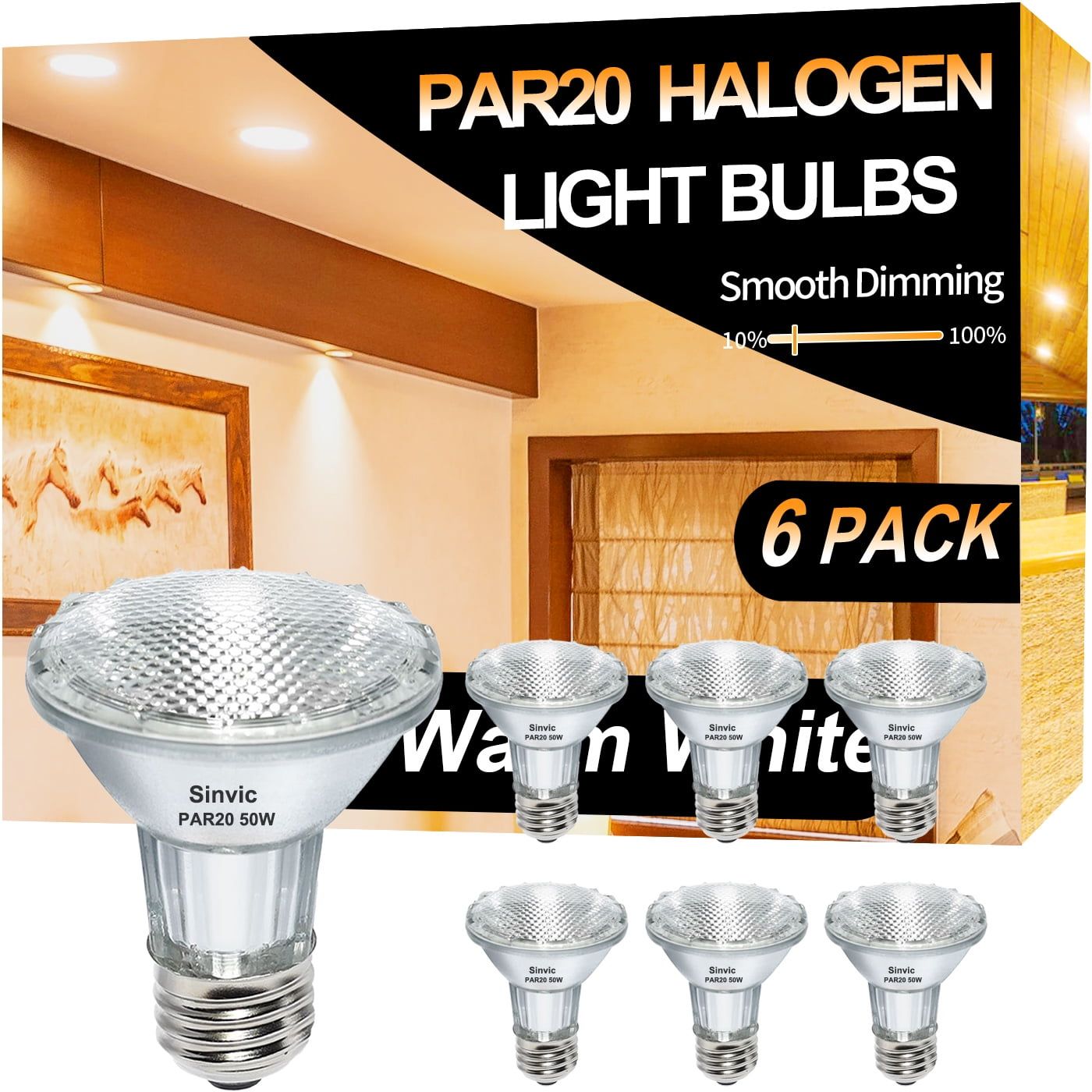 6-Pack 50W Warm White Dimmable PAR20 Halogen Flood Light Bulbs