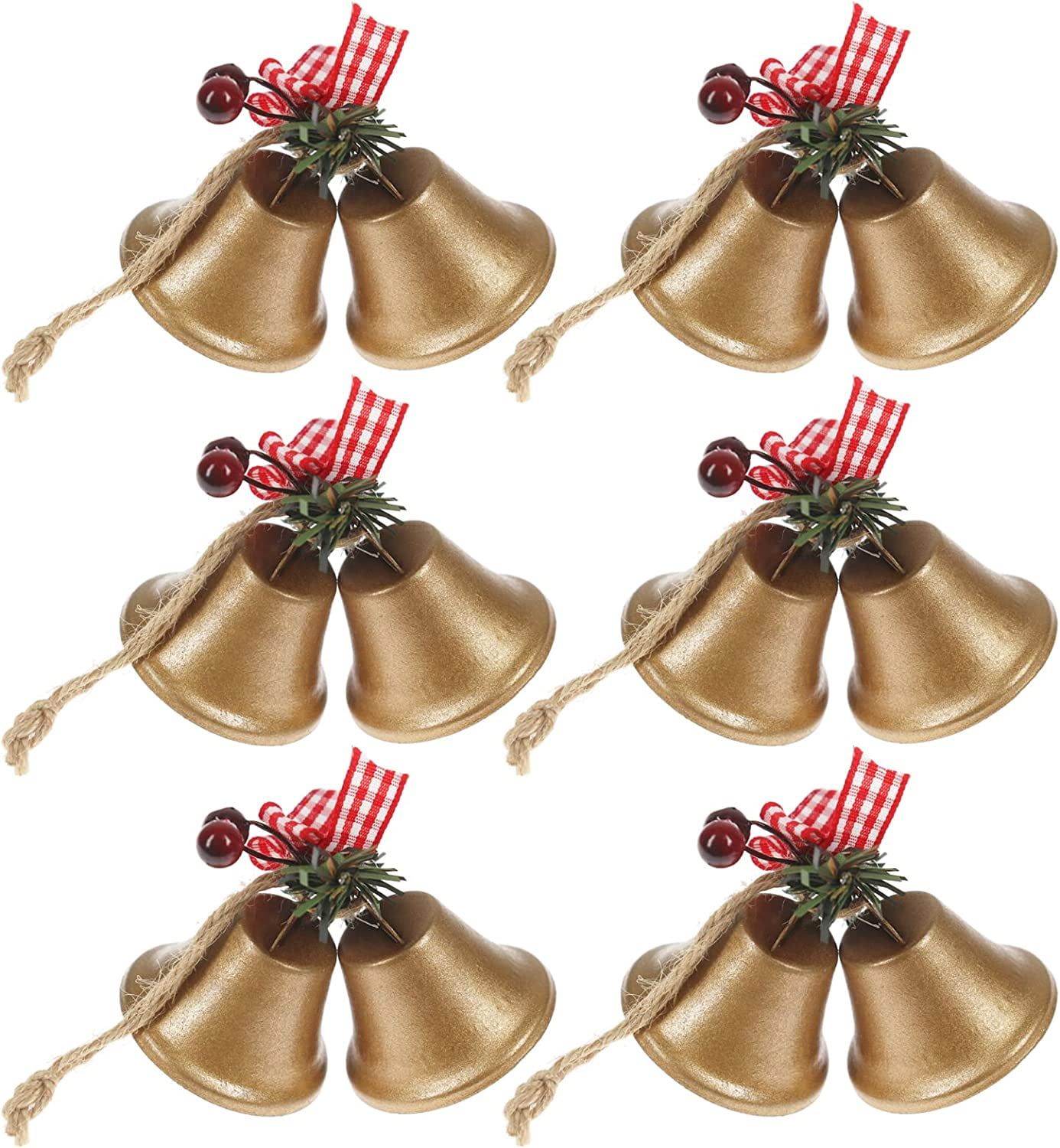 Gold Metal Christmas Jingle Bells with Red Ribbon Set