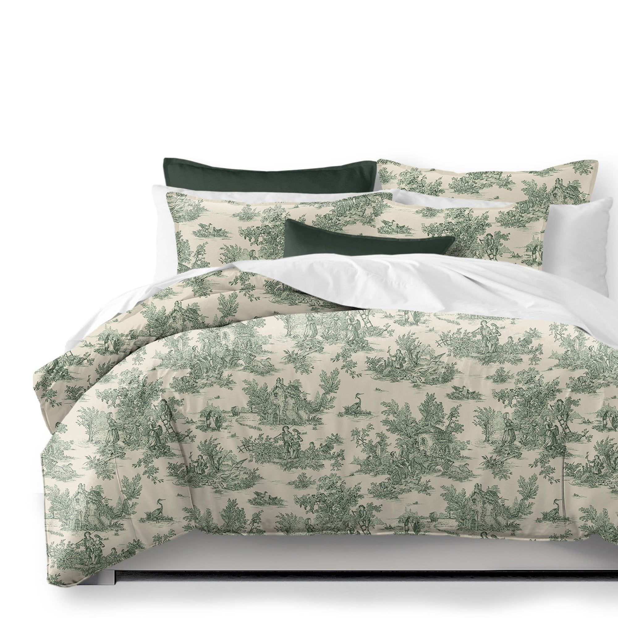 Full Green and Ivory Cotton Coverlet and Pillow Shams Set