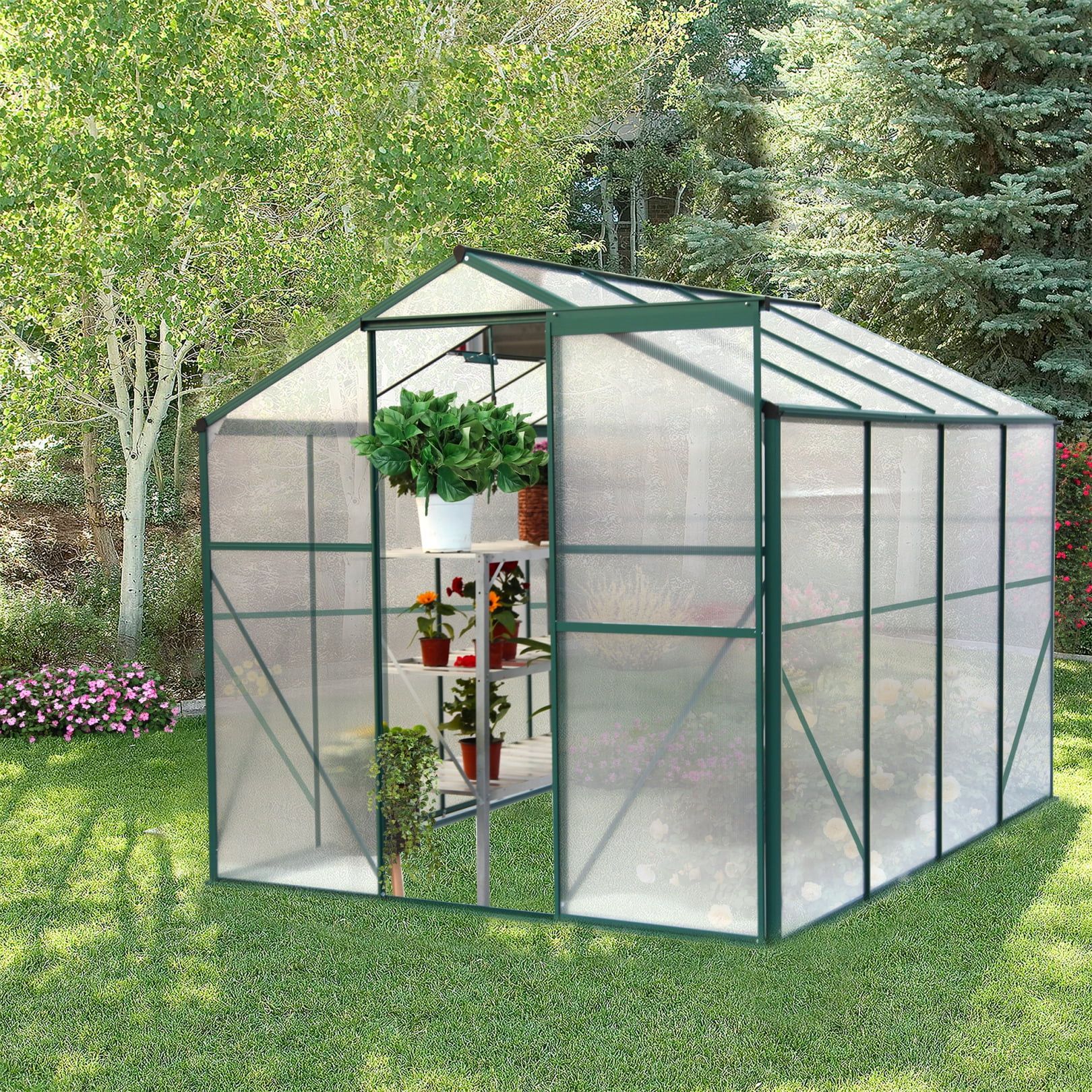 6x8 Green Polycarbonate and Aluminum Sliding Door Greenhouse