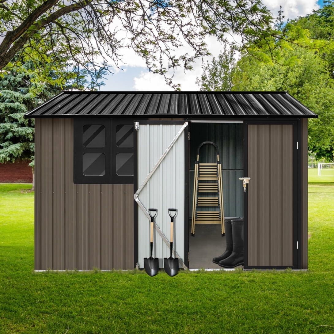 8x6 FT Brown Metal Outdoor Storage Shed with Windows