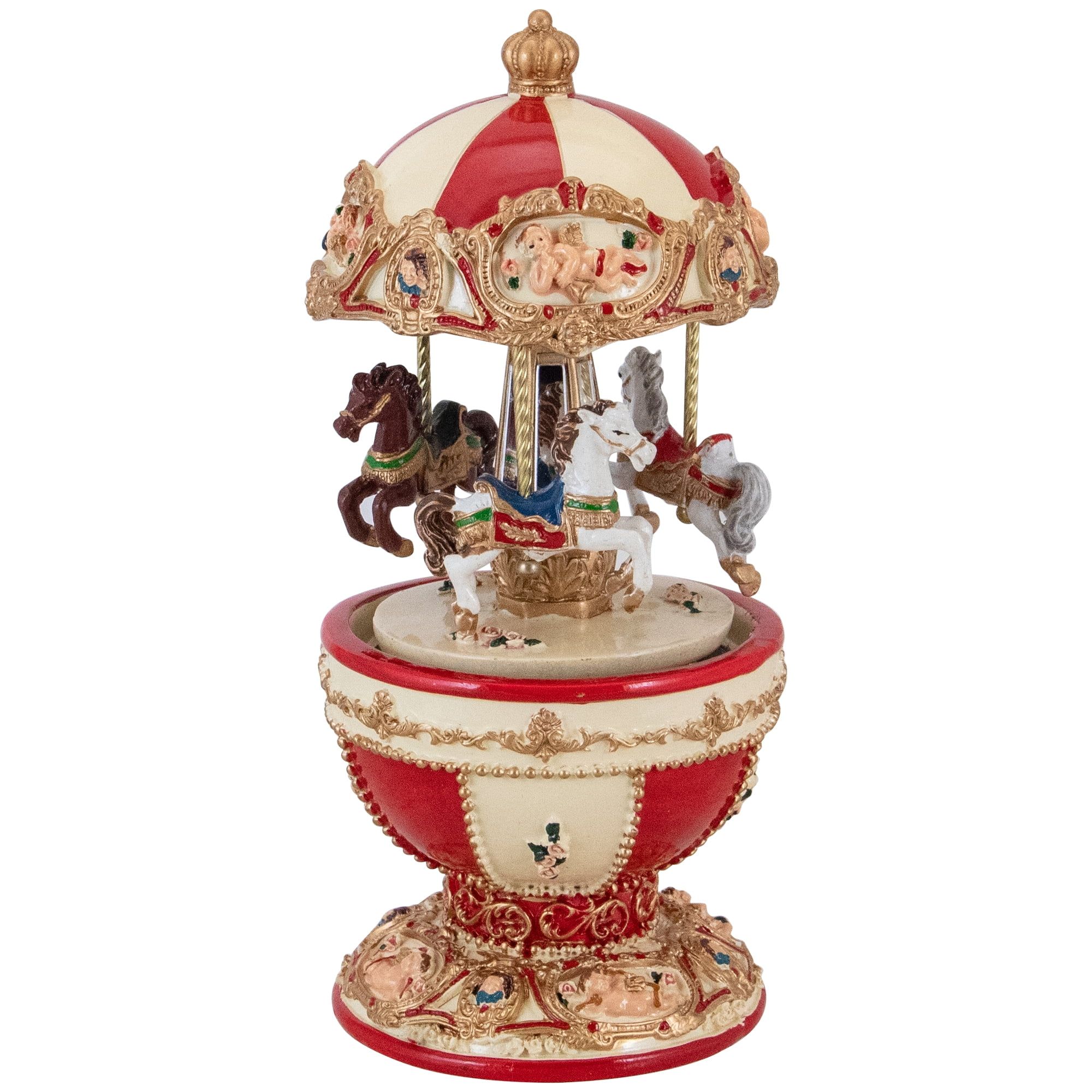 Ivory and Red Resin 7.25" Musical Horse Carousel