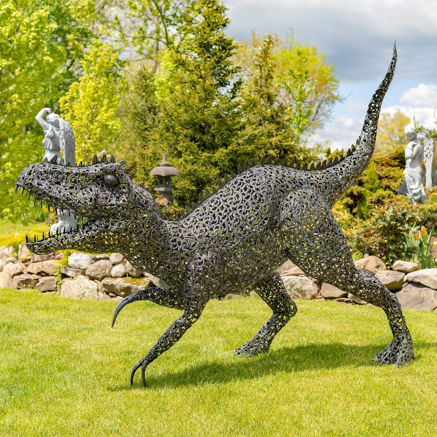 7.33ft Tall Black-Bronze Metal Tyrannosaurus Rex Garden Statue