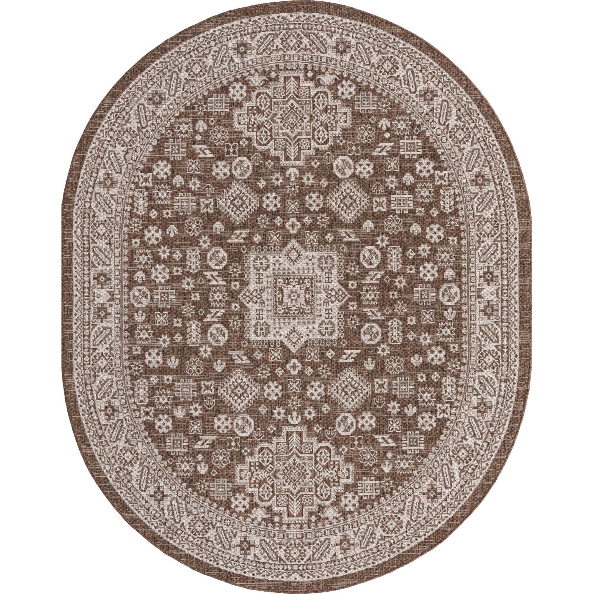 Elegant Outdoor Aztec 8' x 10' Brown Oval Synthetic Area Rug