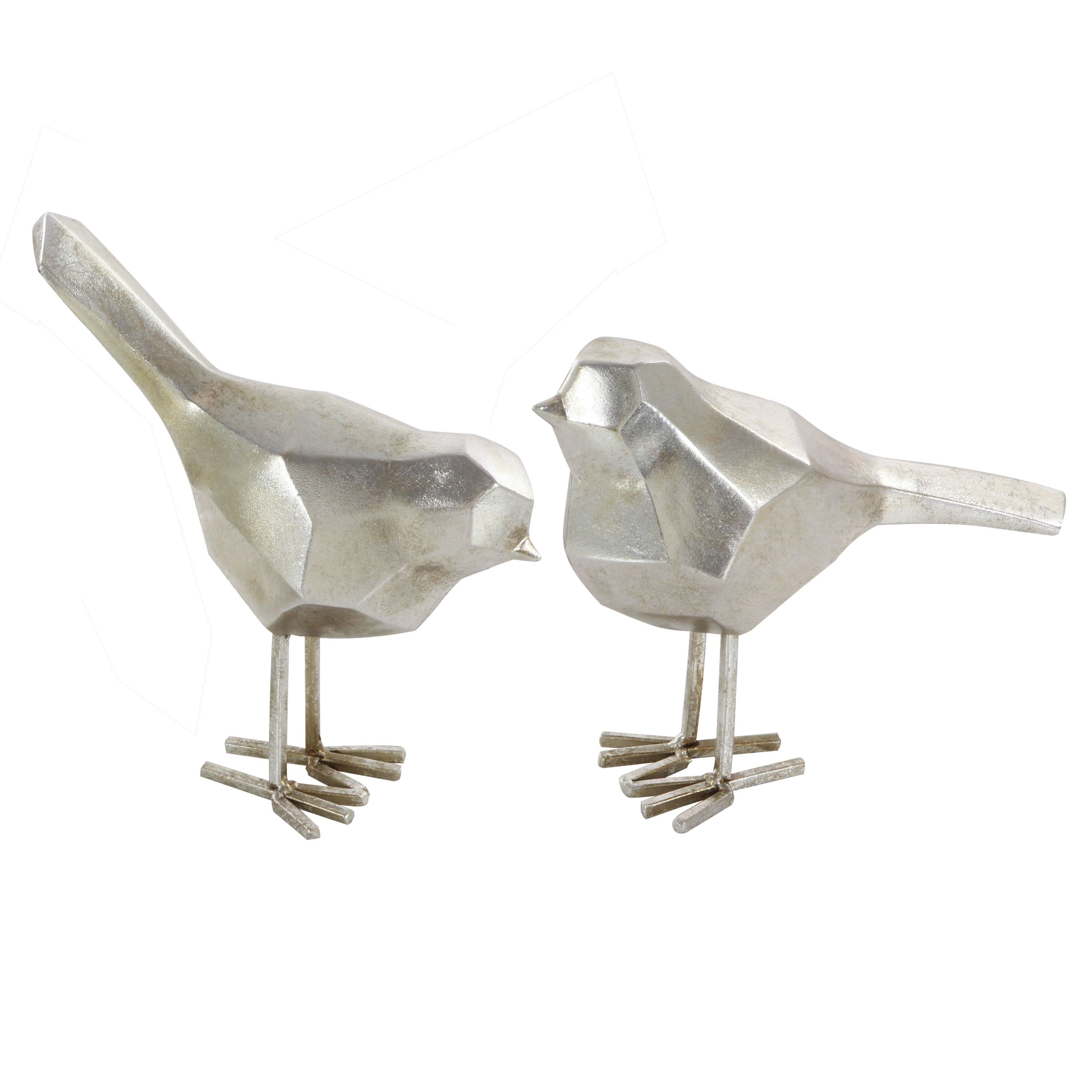 Gray Resin Bird Figurines with Metallic Finish, Set of 2