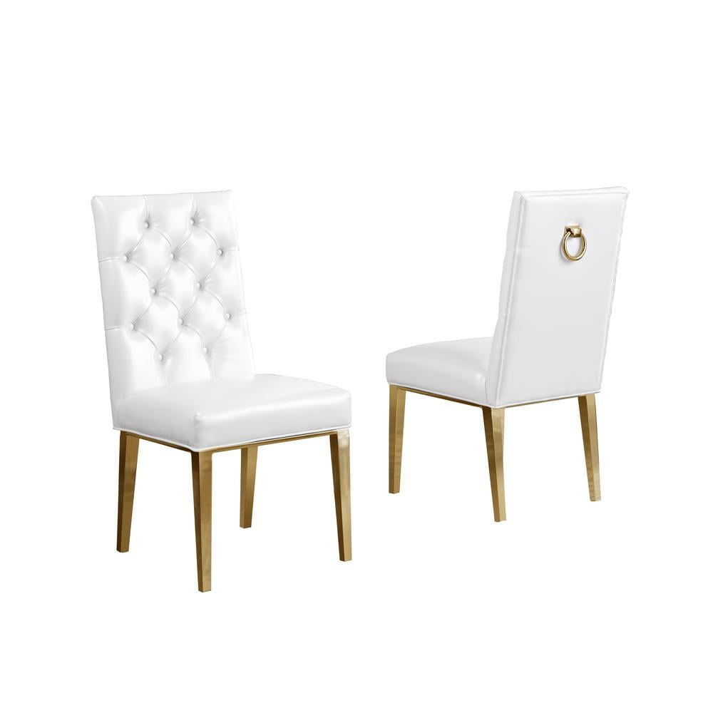 7 Piece White Faux Leather Dining Set with Gold Metal Base and Glass Top