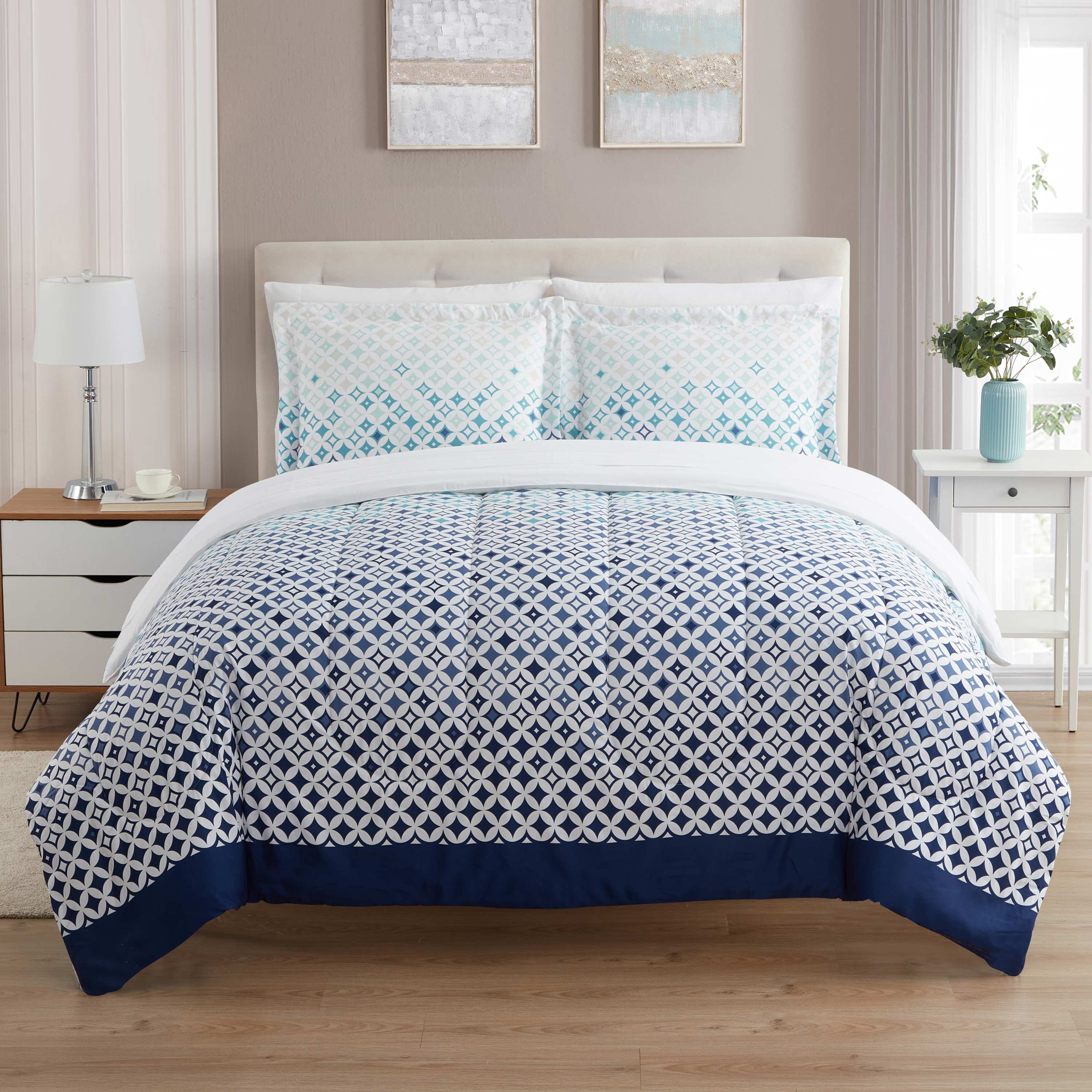 Genova Blue and White Reversible Microfiber Queen Duvet Set