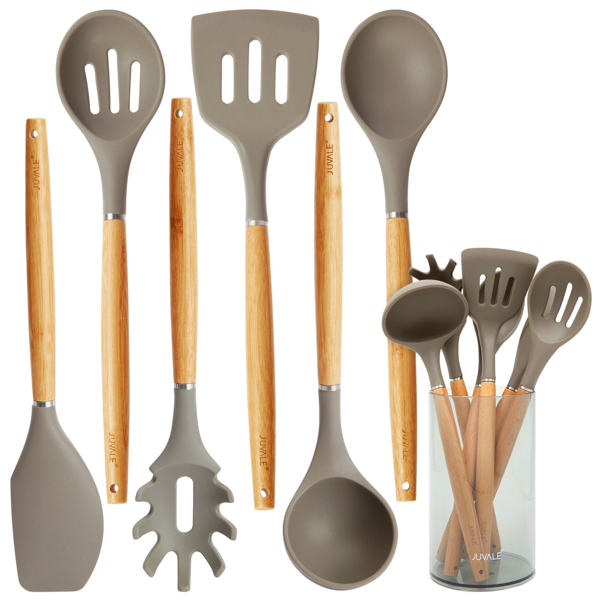 7-Piece Gray Silicone and Bamboo Kitchen Utensils Set with Holder