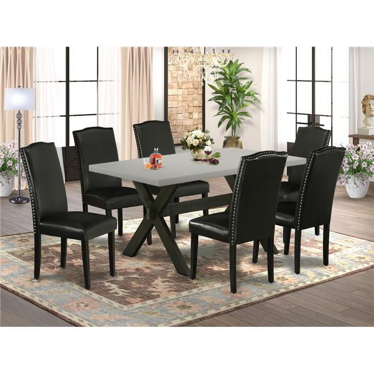 7-Piece Black and Cement Dining Set with X-Style Table